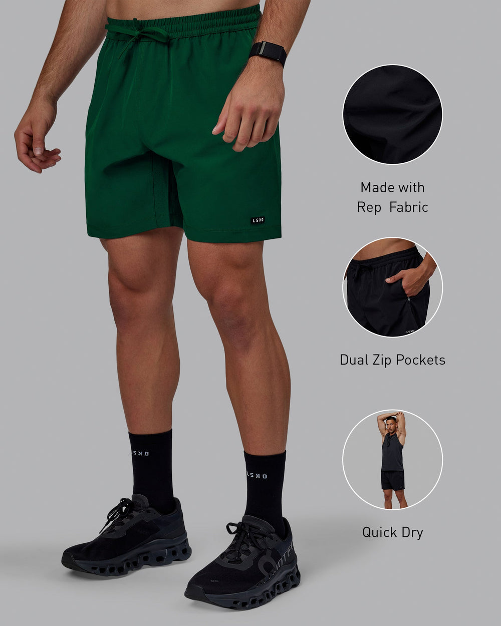 Man wearing Rep 7" Performance Shorts - Deep Emerald