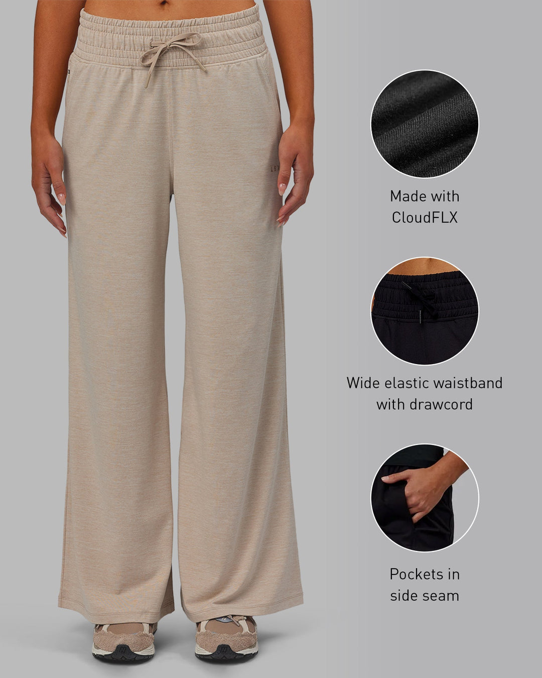 Woman wearing Restore CloudFLX Wide Leg Pants - Oatmeal Marl