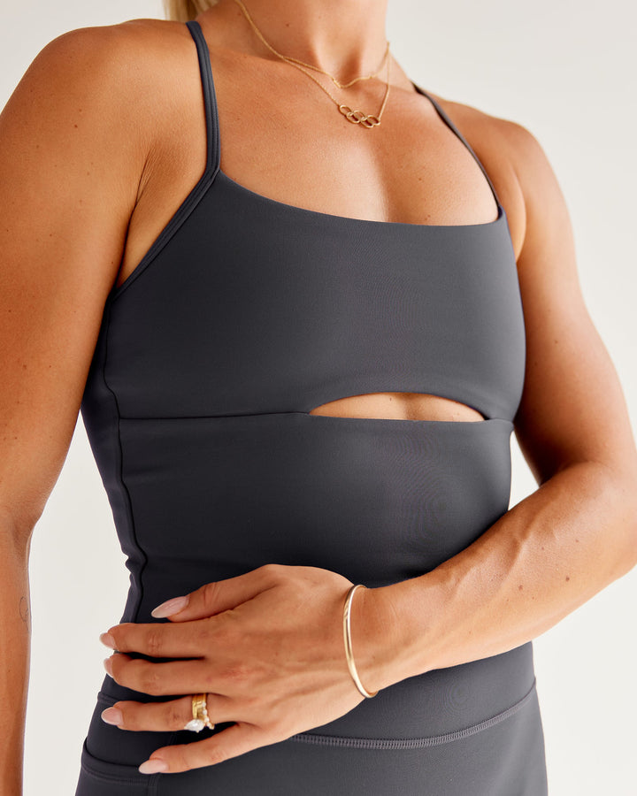 Woman wearing Bree Masters Form Shelf Bra Tank - Stormy
