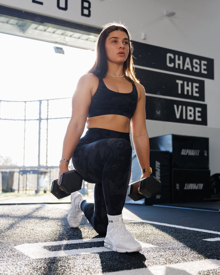 Woman wearing Fusion Full Length Tight - Black-Camo

