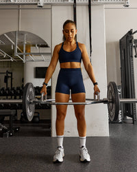 Woman wearing Fusion Ultra High-Rise 4" Short Pockets - Future Dusk | Model:Gabby | Size:S