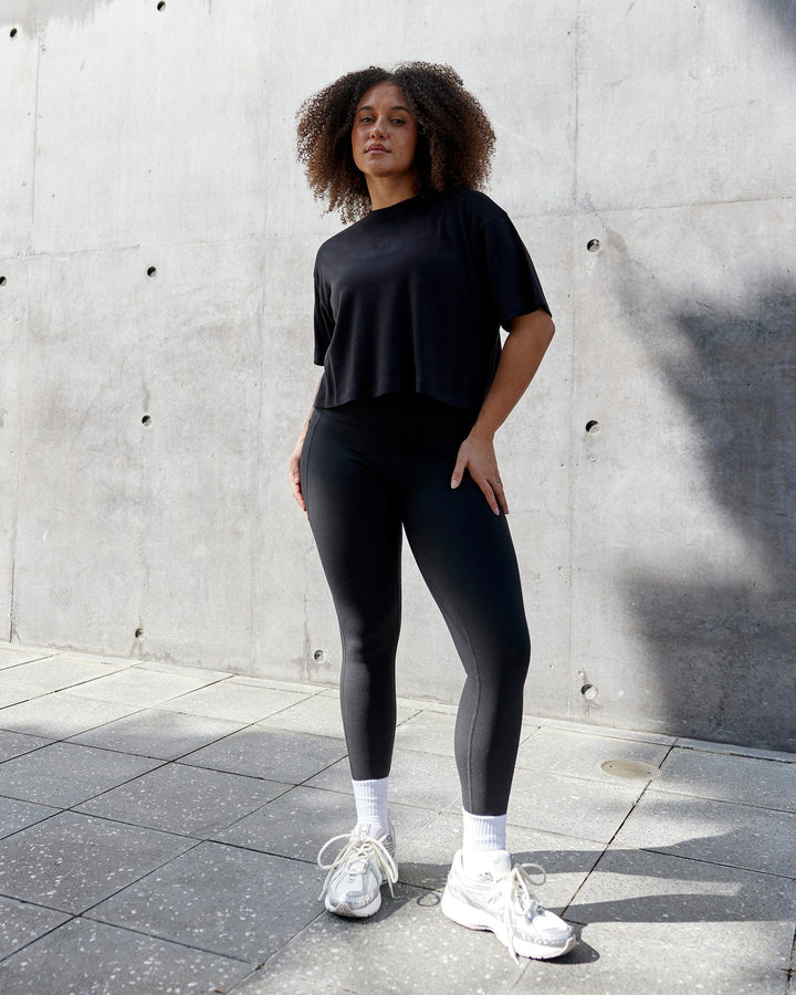 Woman wearing Go-To Modal Oversized Cropped Tee - Black-Black
