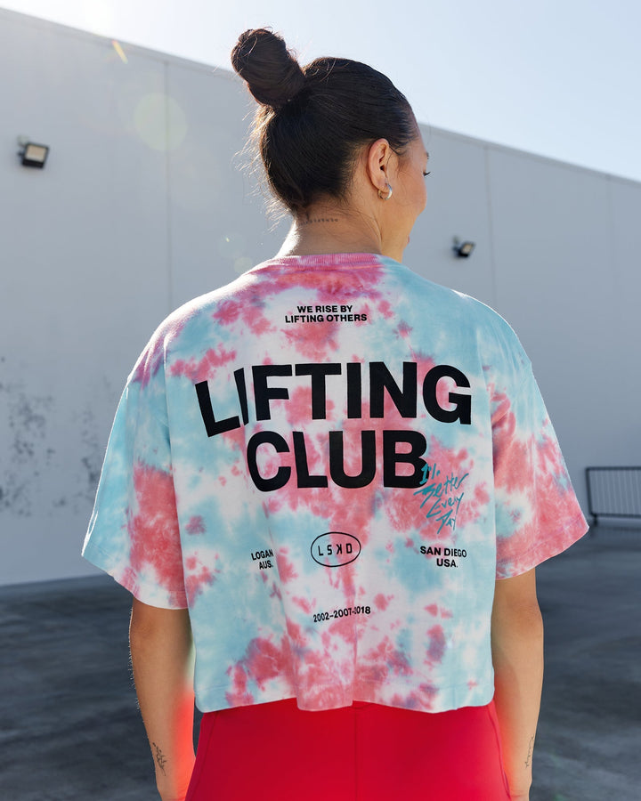 Woman wearing Lifting Club Cropped Heavyweight Tee - Scarlet-Tie Dye
