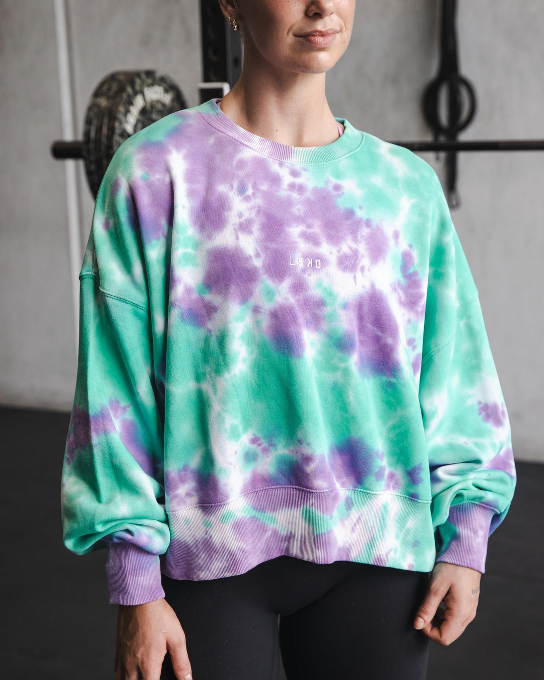 Woman wearing MVP Oversized Sweater - Cockatoo-Tie Dye