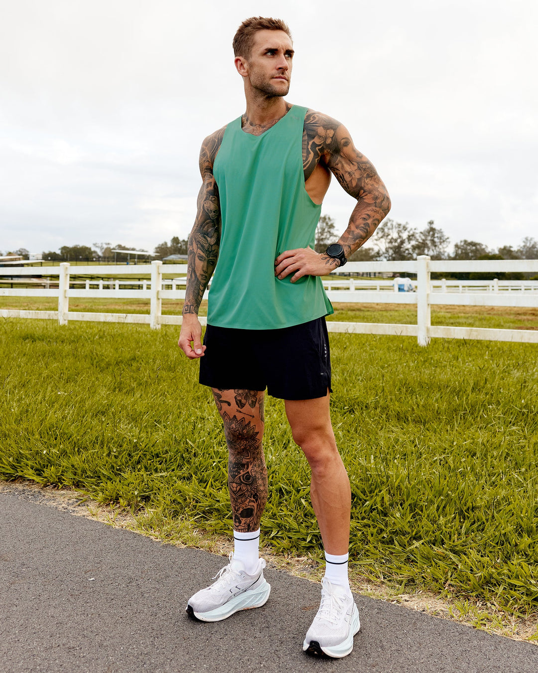 Man wearing Race Day Performance Tank - Mystic Green