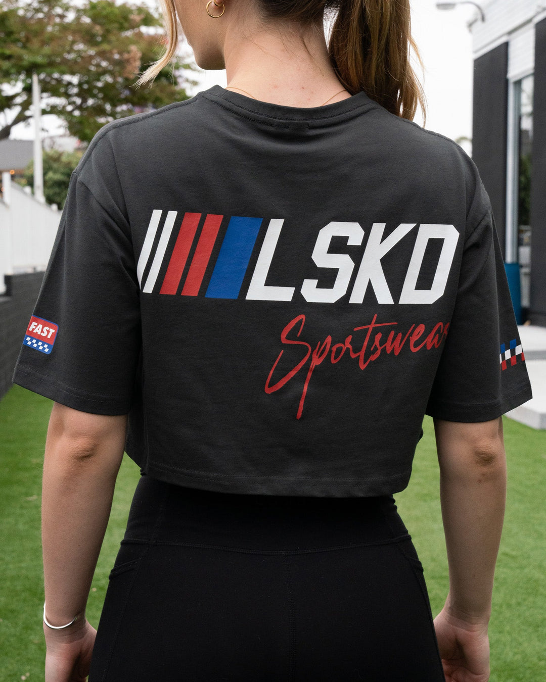Woman wearing Redline FLXCotton Cropped Tee - Pirate Black-White