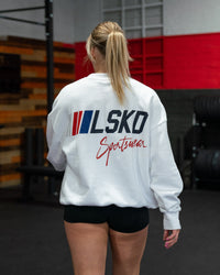 Woman wearing Unisex Redline Sweater Oversize - White-Navy