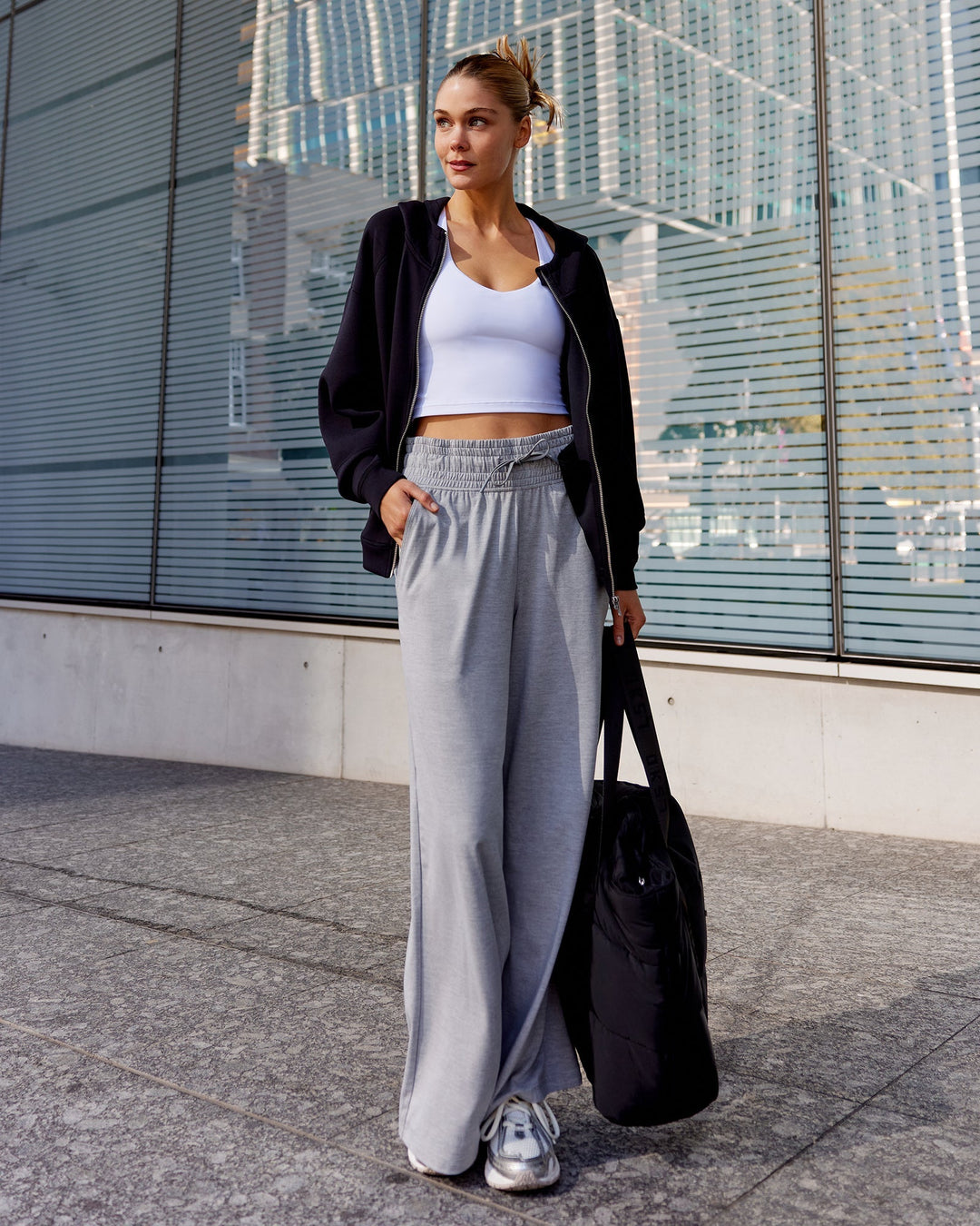 Woman wearing Restore CloudFLX Wide Leg Pants - Light Grey Marl