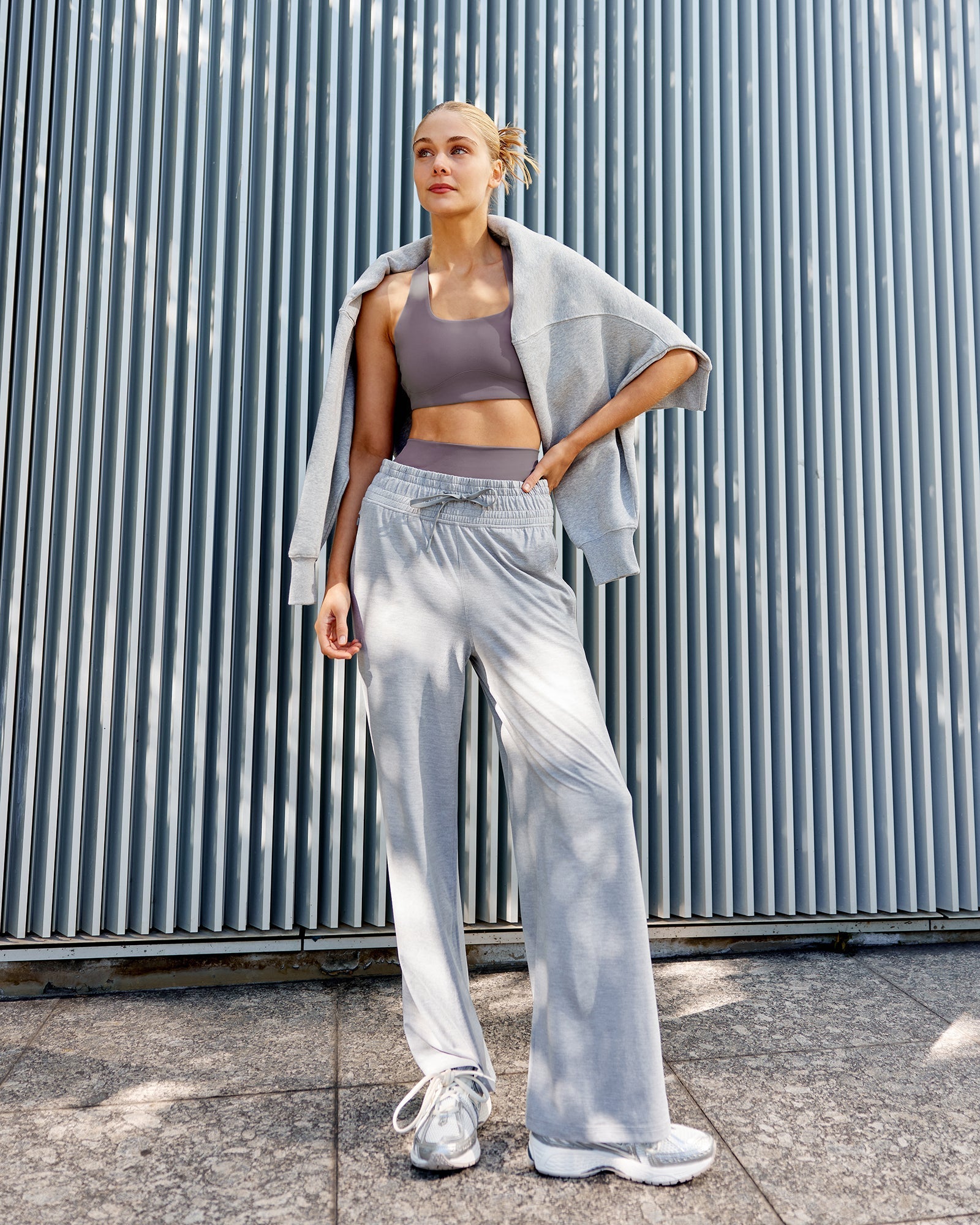 Woman wearing Restore CloudFLX Wide Leg Pants - Light Grey Marl