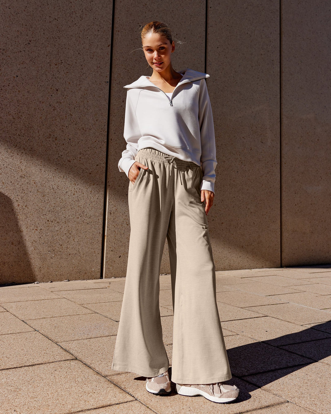 Woman wearing Restore CloudFLX Wide Leg Pants - Oatmeal Marl