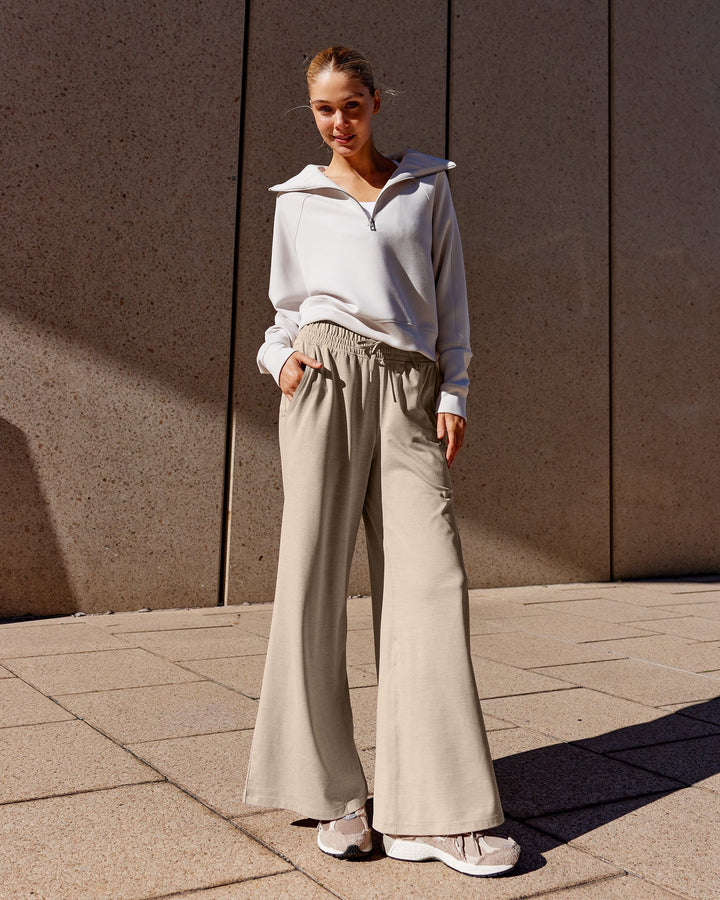 Woman wearing Restore CloudFLX Wide Leg Pants - Oatmeal Marl
