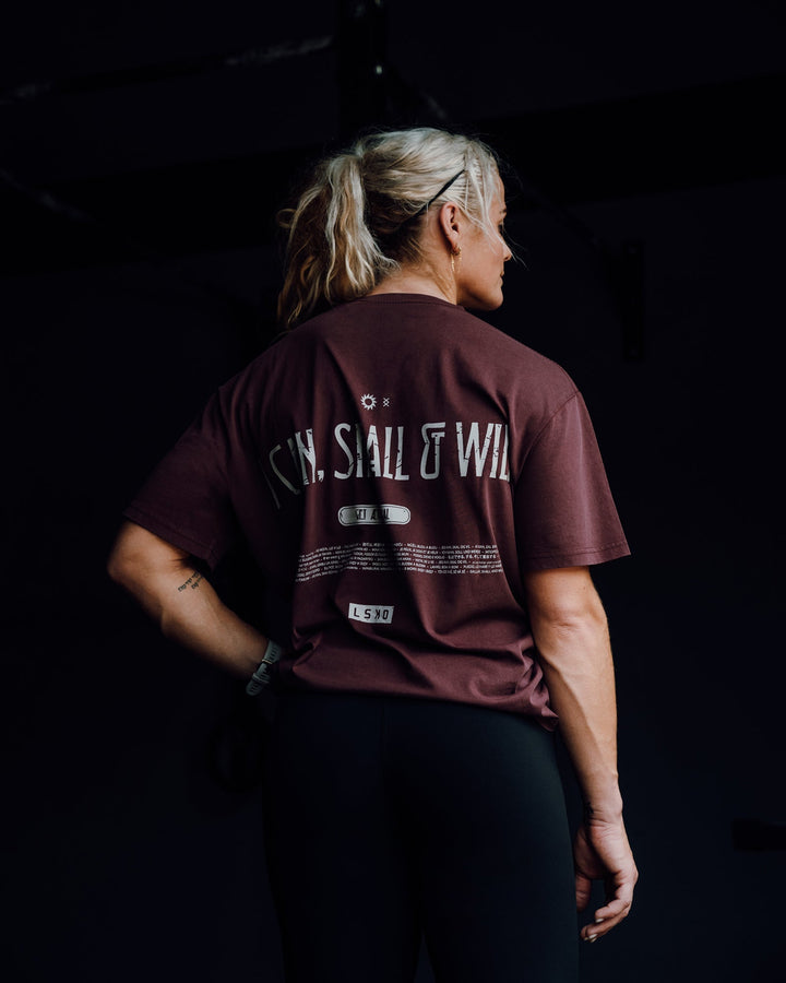 Woman wearing Sara I Can Shall &amp; Will Oversized Washed Tee - Bordeaux-Shale Beige
