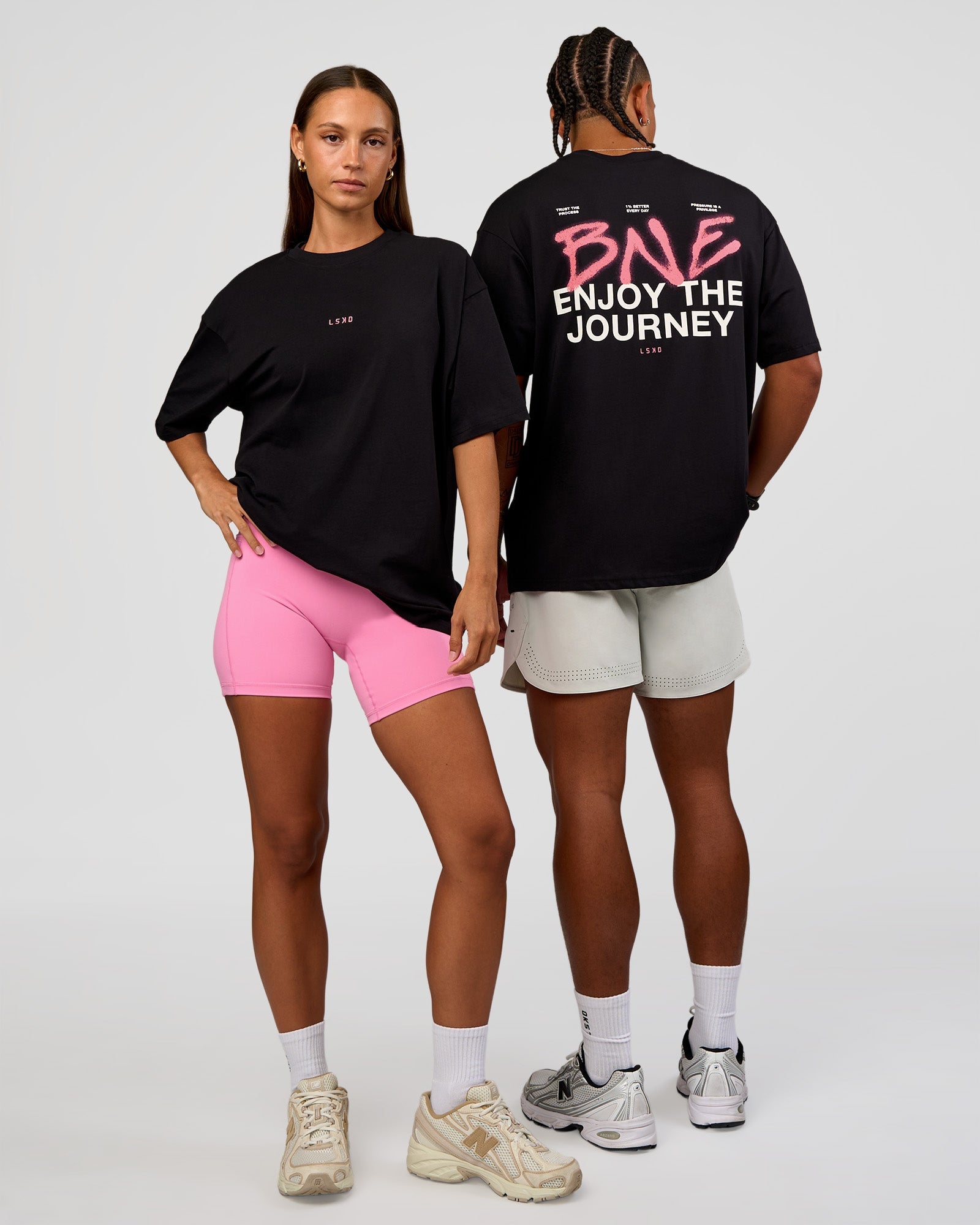 Duo wearing CFT BNE 26 FLXCotton Oversized Tee in Black | Model:Malebo | Size:M | Model:Brylee | Size:XS
