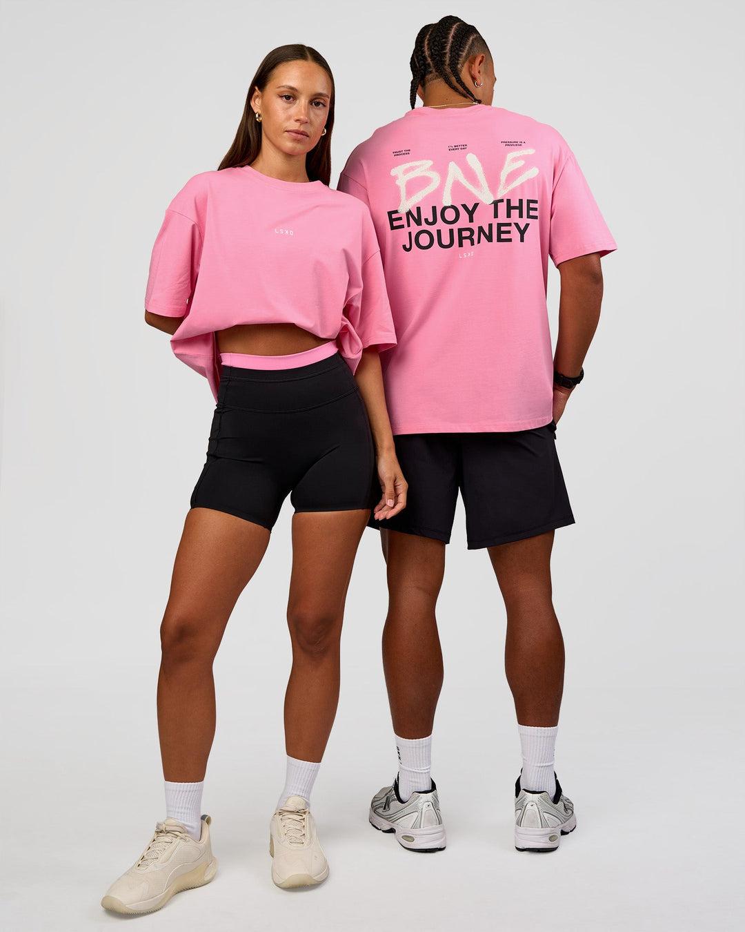 Duo wearing CFT BNE 26 FLXCotton Oversized Tee in Candy Pink | Model:Malebo | Size:M | Model:Brylee | Size:XS