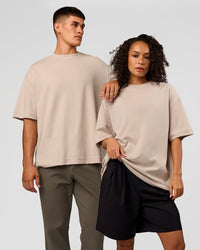 Duo wearing AfterDark ZeroCrease Oversized Tee - Shale Beige | Model:Both | Size:Duo | Thumbnail Index: 0