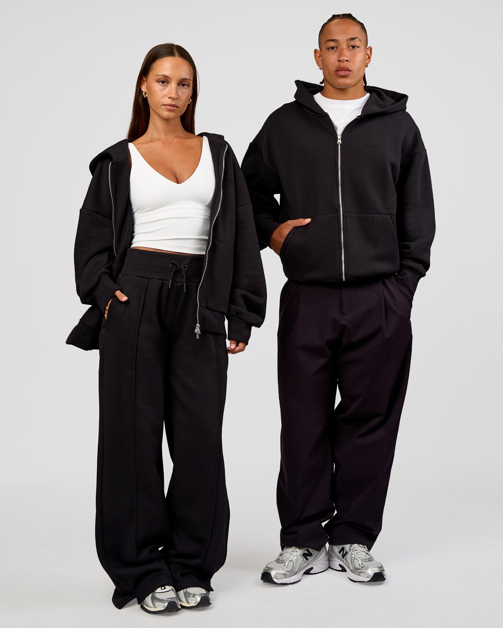 Duo wearing Base Zip Through Oversized Hoodie - Black | Model:Both | Size:Duo