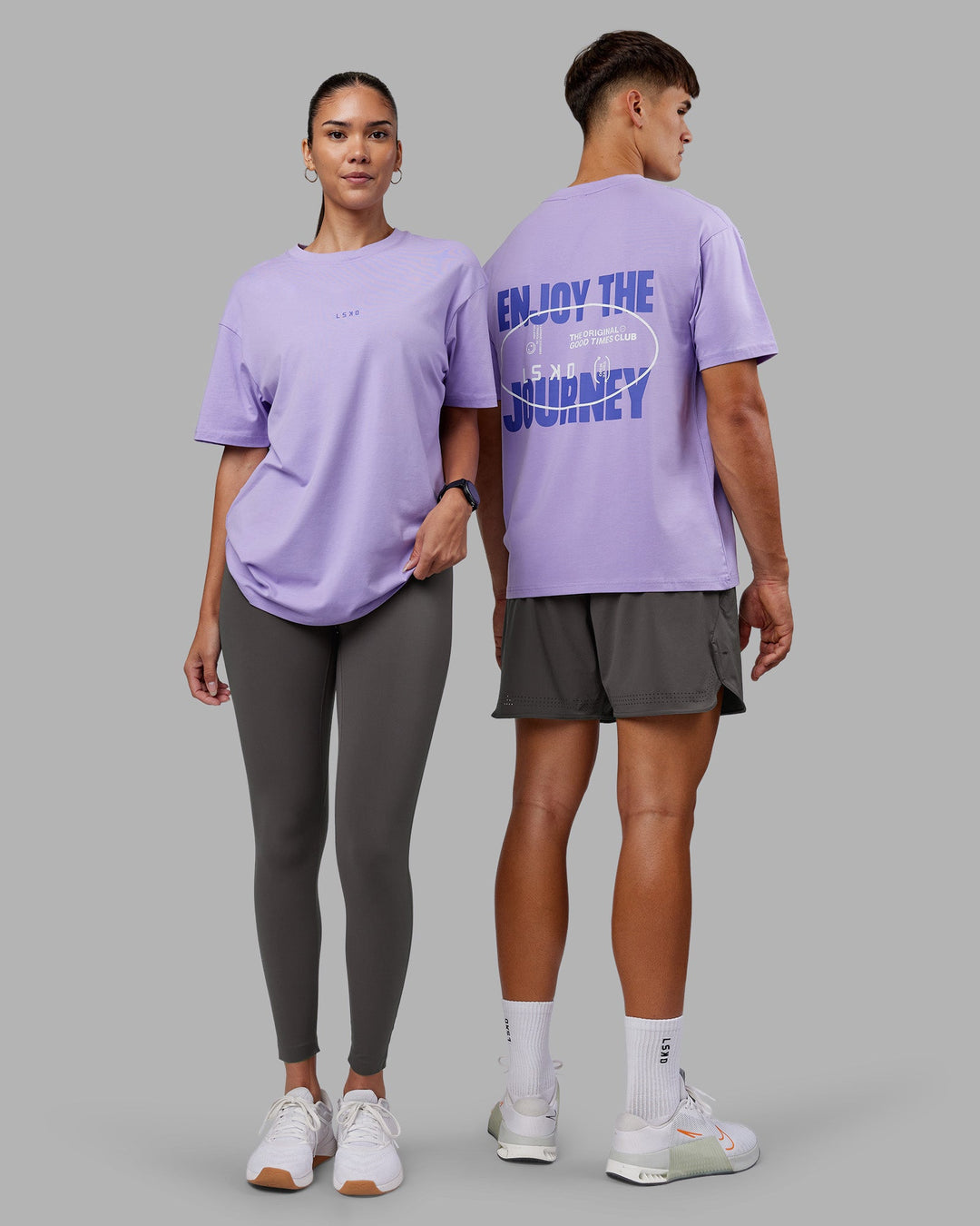 Duo wearing Be Yourself FLXCotton Tee Oversize - Violet Ray-Royal Purple | Model:Both | Size:Duo