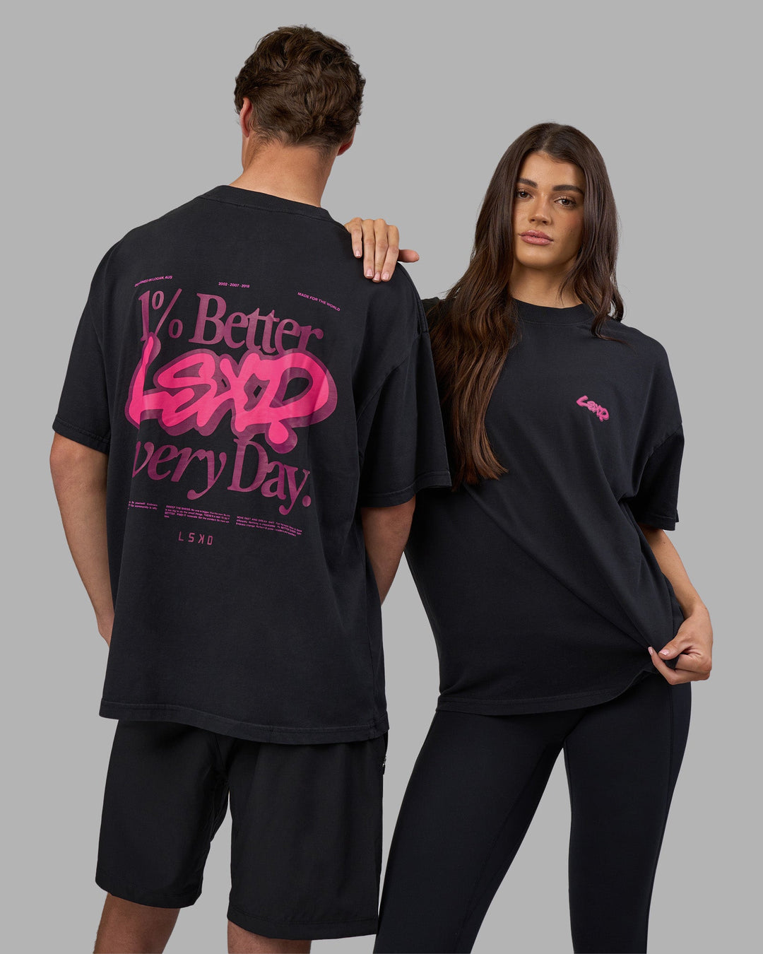 Duo wearing Break Through Heavyweight Oversized Tee - Black Washed-Plum Caspia | Model:Both | Size:Duo