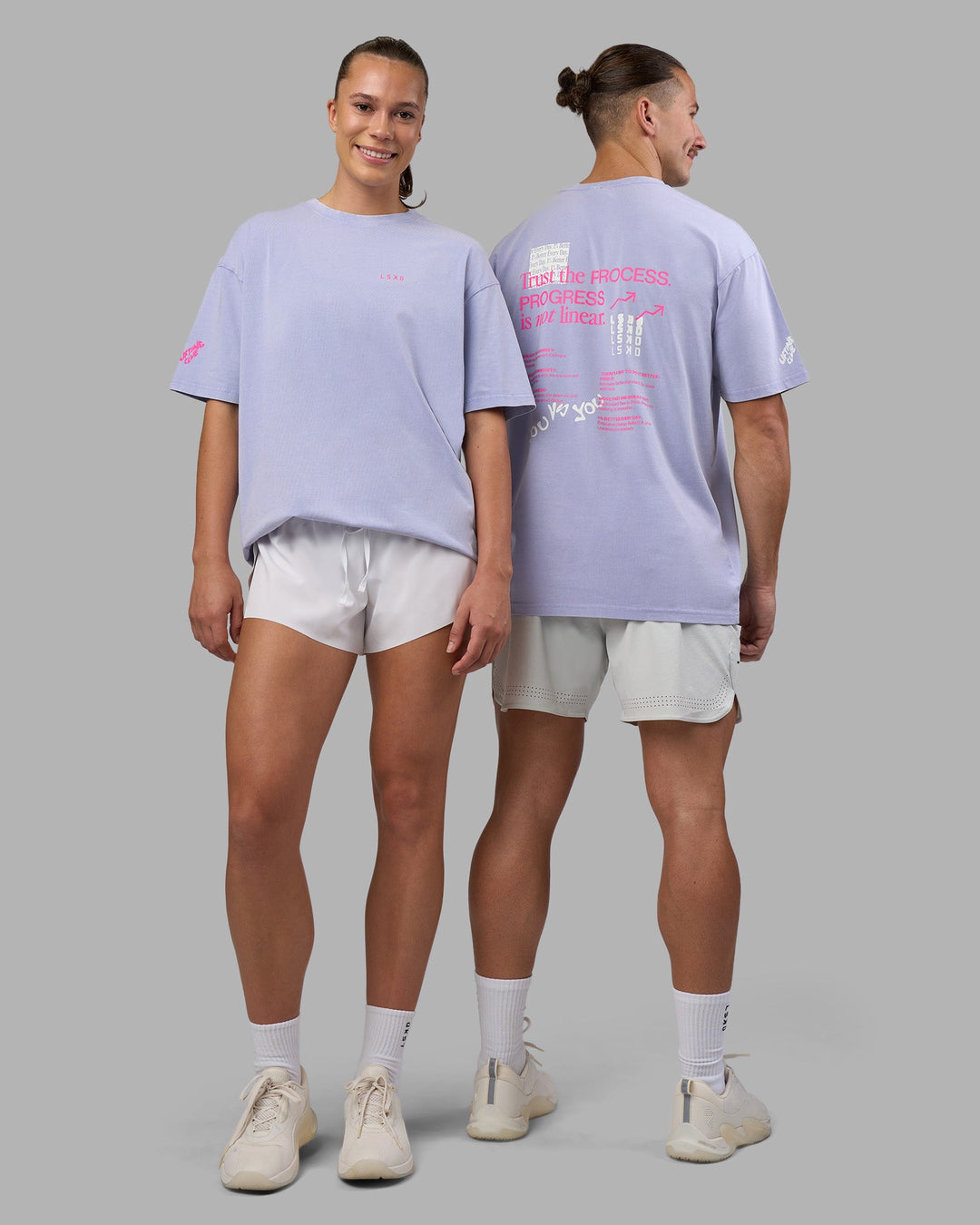 Duo wearing Cali FLXCotton Oversized Tee - Sweet Lavender Washed | Model:Both | Size:Duo