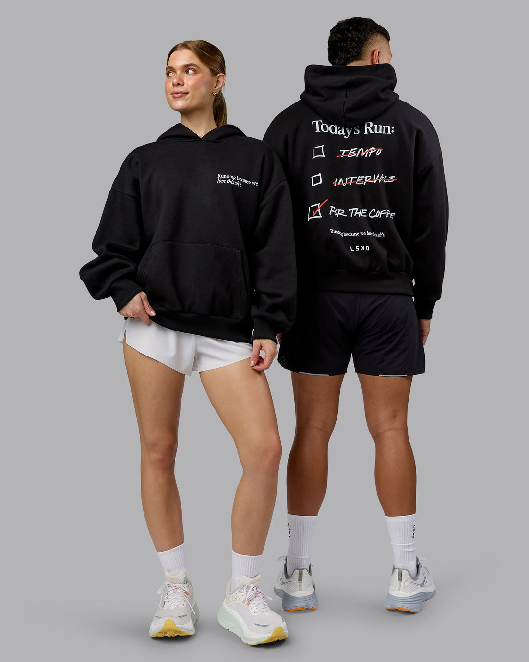 Duo wearing Checklist Oversized Hoodie - Black | Model:Both | Size:Duo
