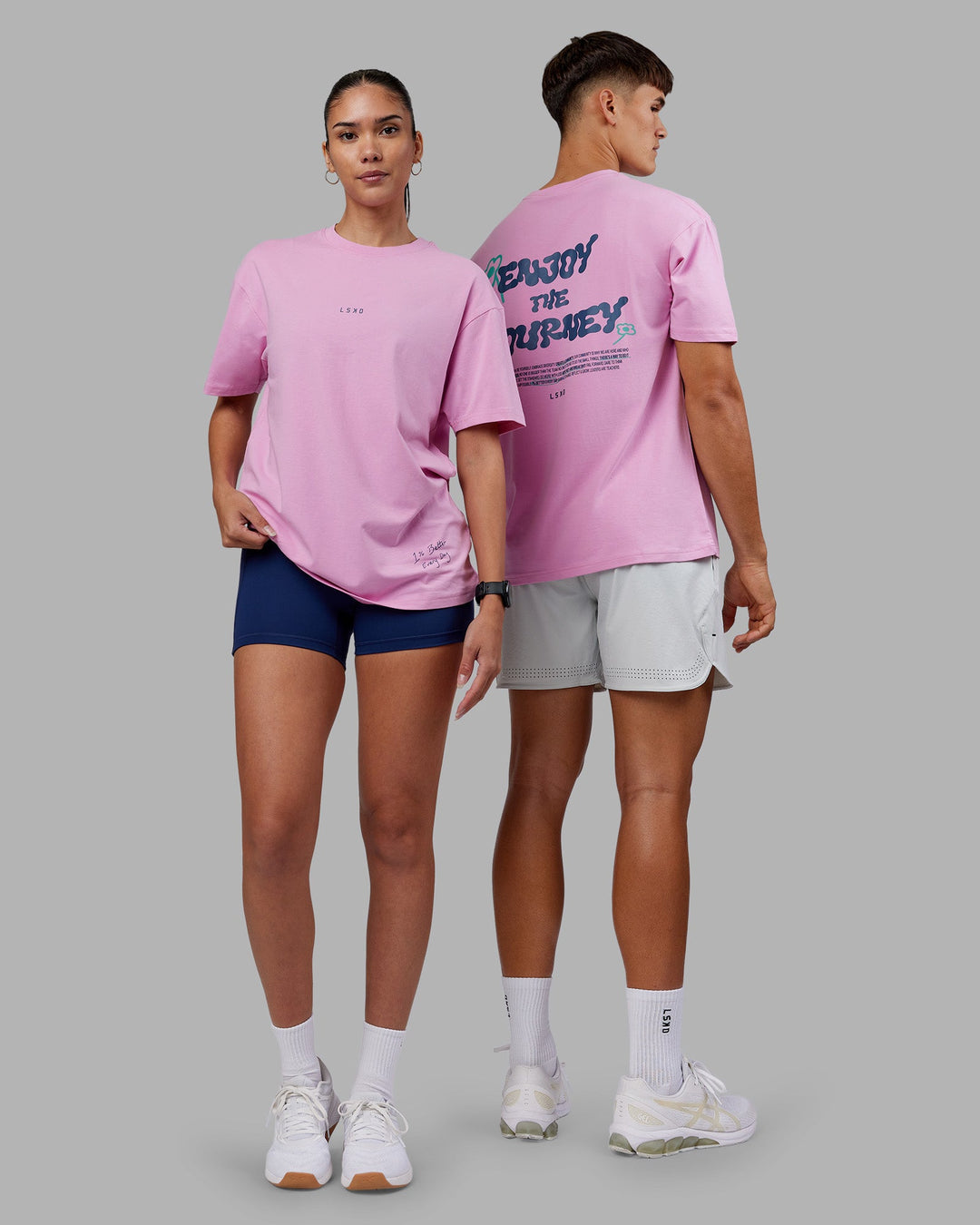 Duo wearing ETJ Values FLXCotton Oversize Tee - Bubblegum-Indigo | Model:Both | Size:Duo
