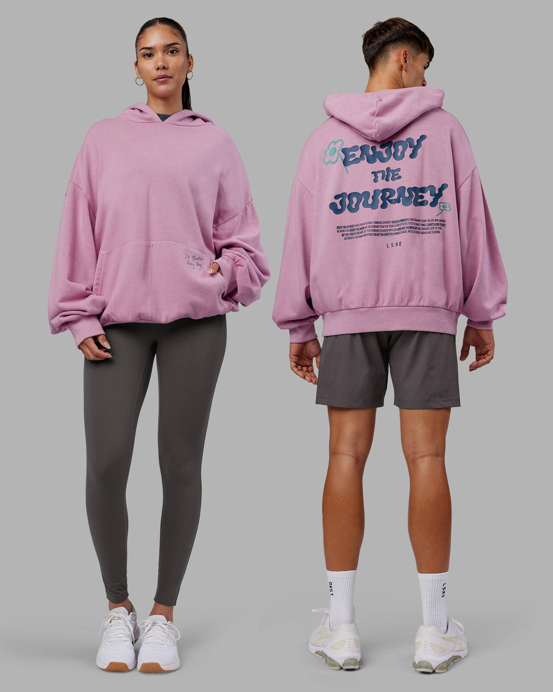 Duo wearing ETJ Values Washed Unisex Oversize Hoodie - Bubblegum-Indigo | Model:Both | Size:Duo