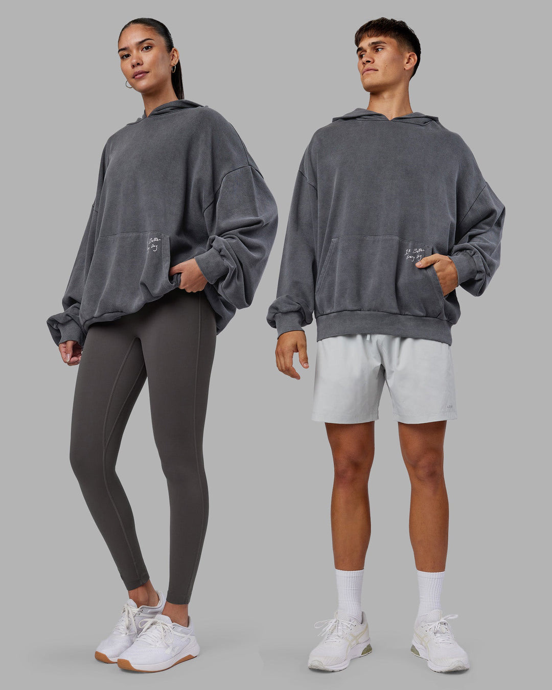 Duo wearing ETJ Values Washed Unisex Oversize Hoodie - Dark Storm-Light Bubblegum | Model:Both | Size:Duo
