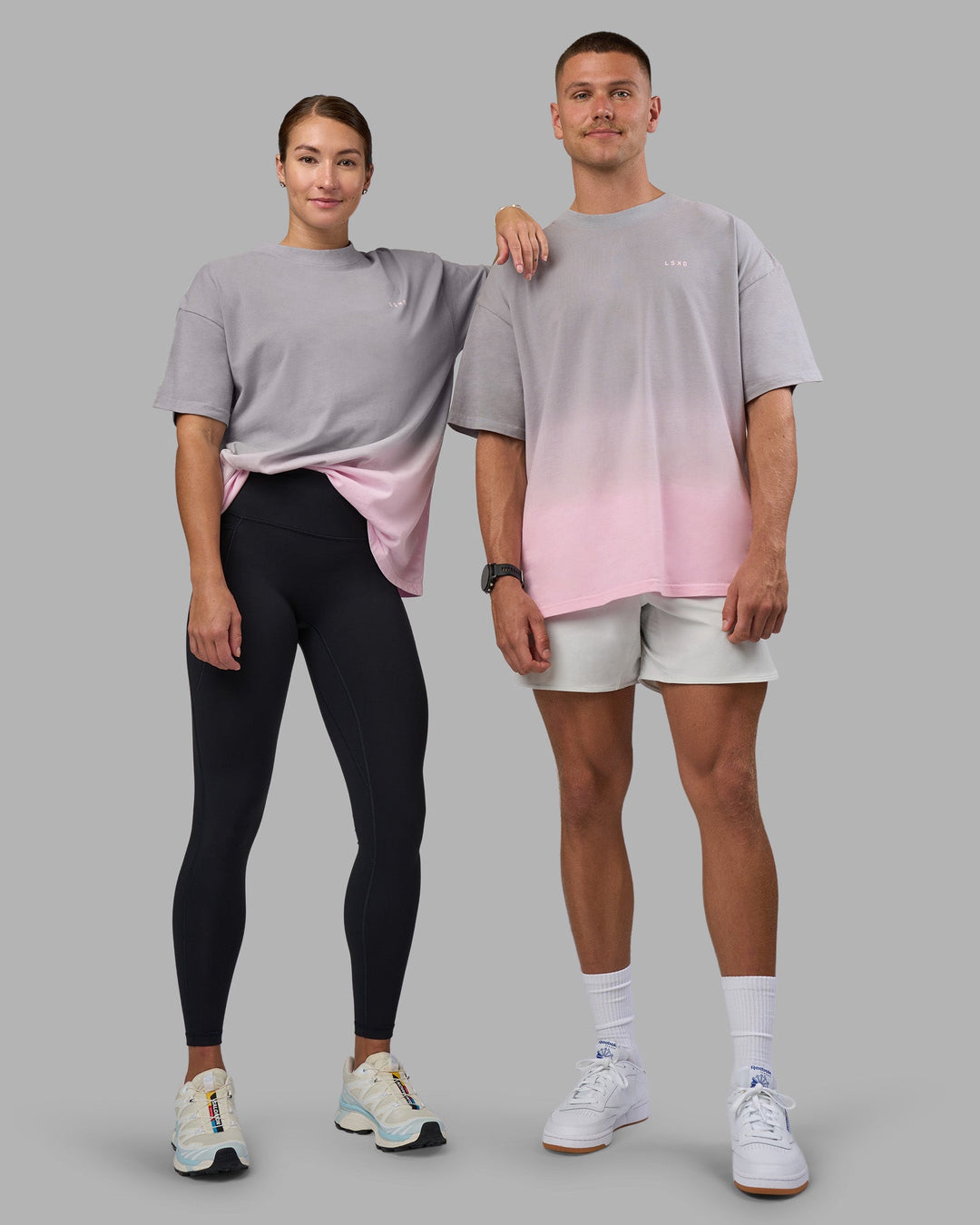 Duo wearing Faded Heavyweight Oversized Tee - Circular Grey-Marshmallow | Model:Both | Size:Duo