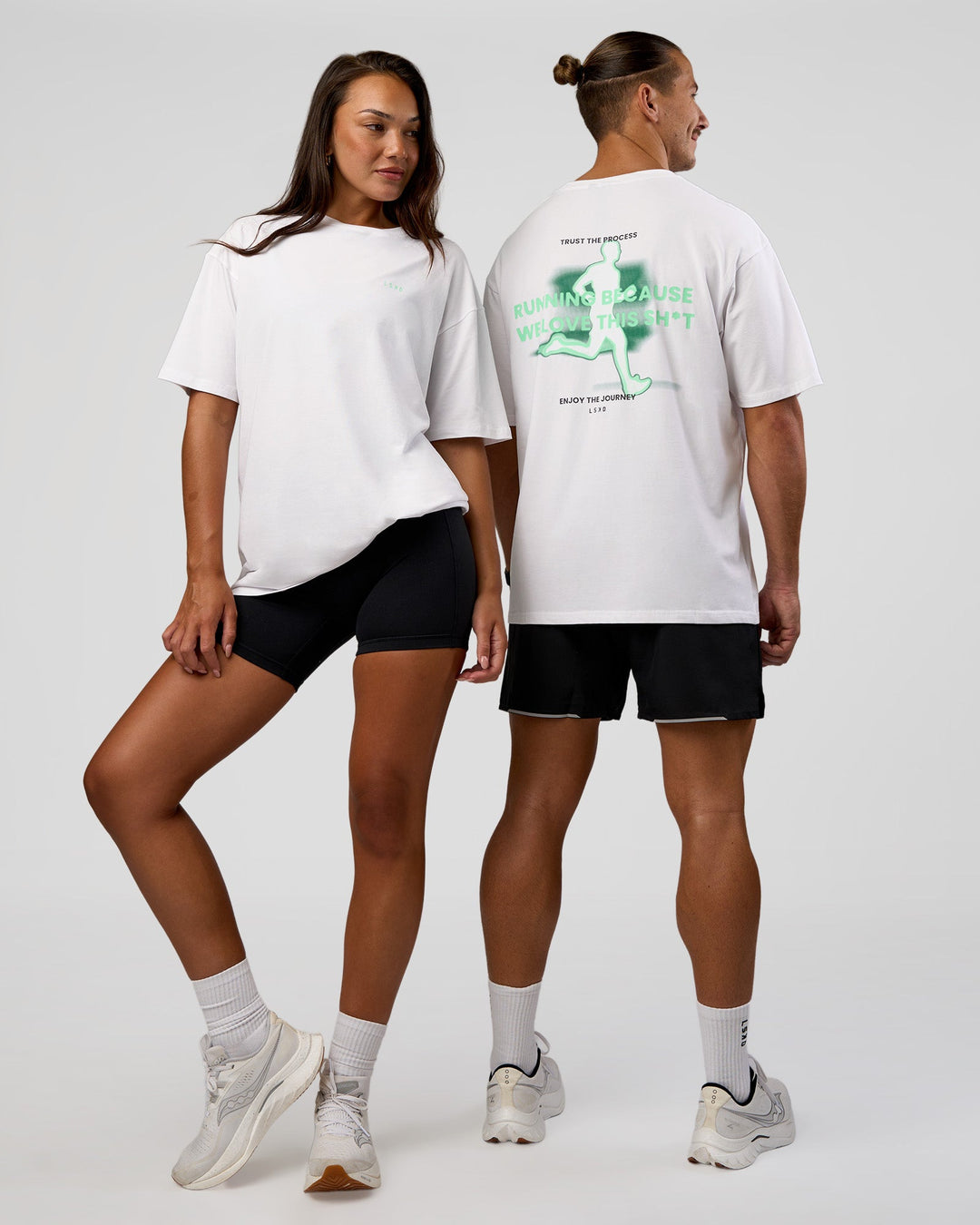 Duo wearing High Run FLXCotton Oversized Tee - White-Jelly Mint | Model:Both | Size:Duo