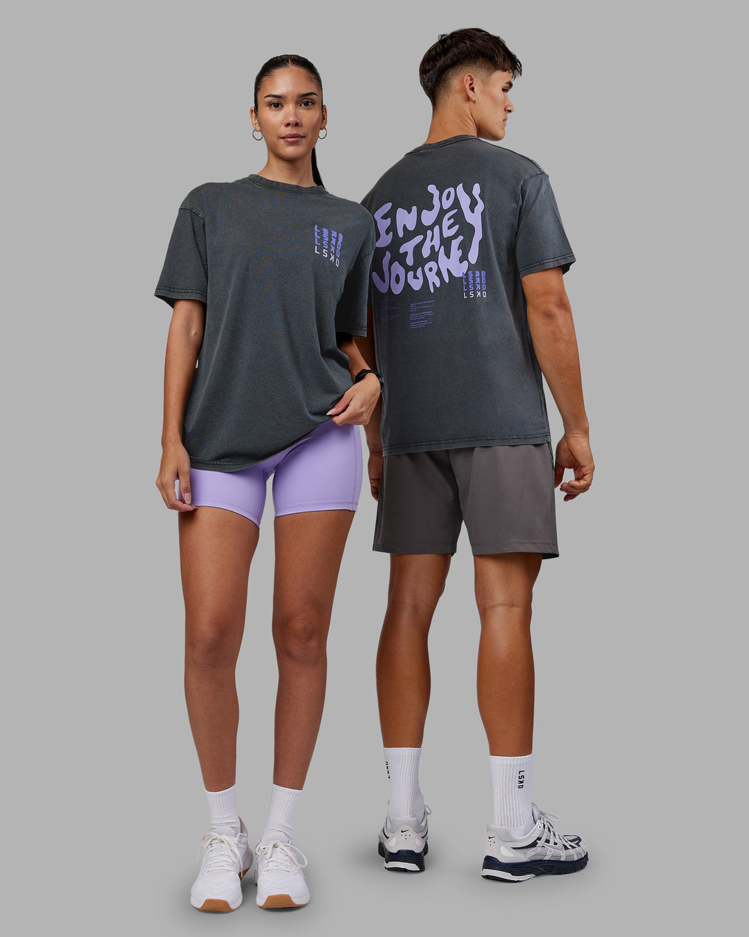 Duo wearing Inferno Journey FLXCotton Oversized Tee - Black Washed-Violet Ray | Model:Both | Size:Duo