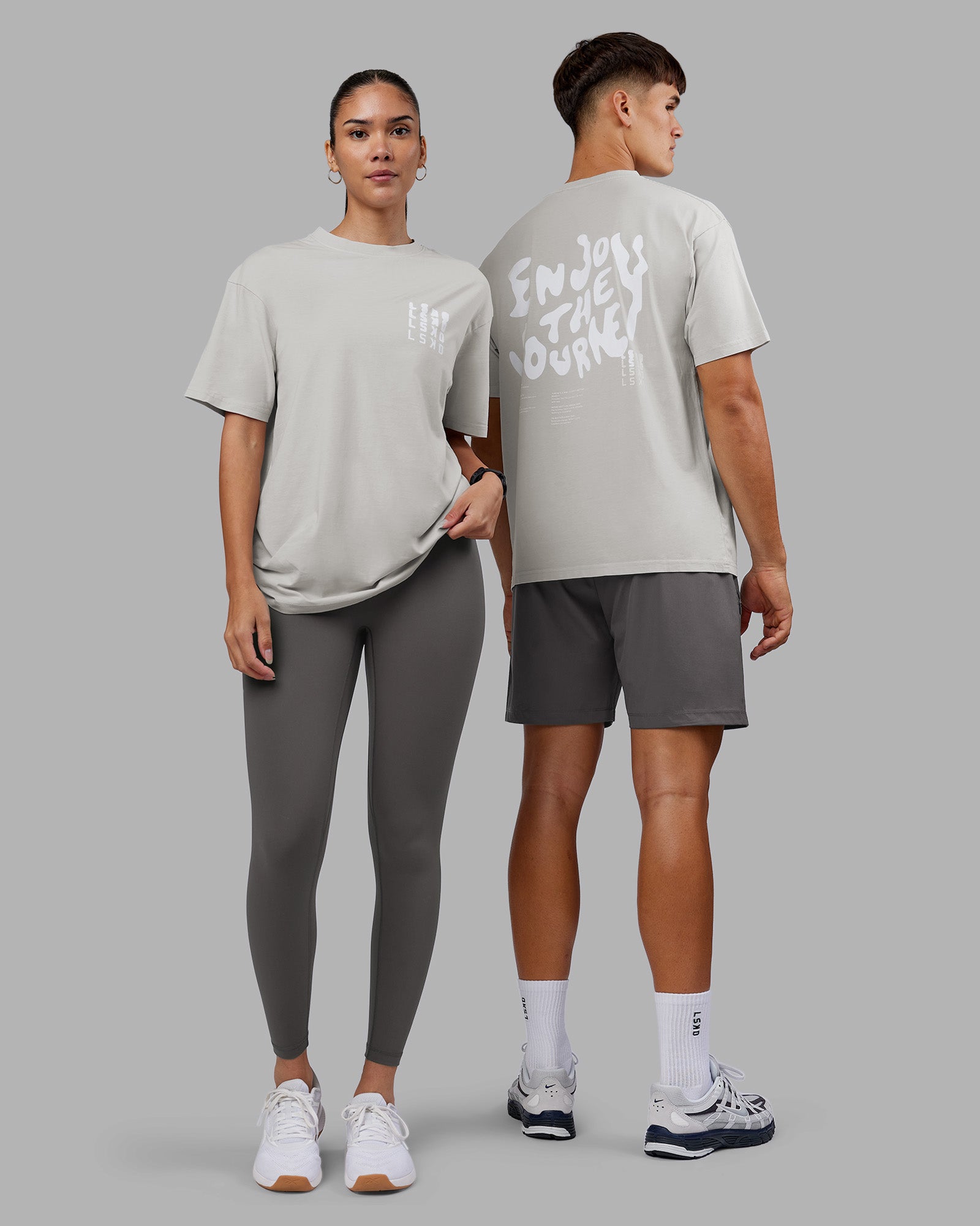 Duo wearing Inferno Journey FLXCotton Oversized Tee - Digital Mist Washed-White | Model:Both | Size:Duo