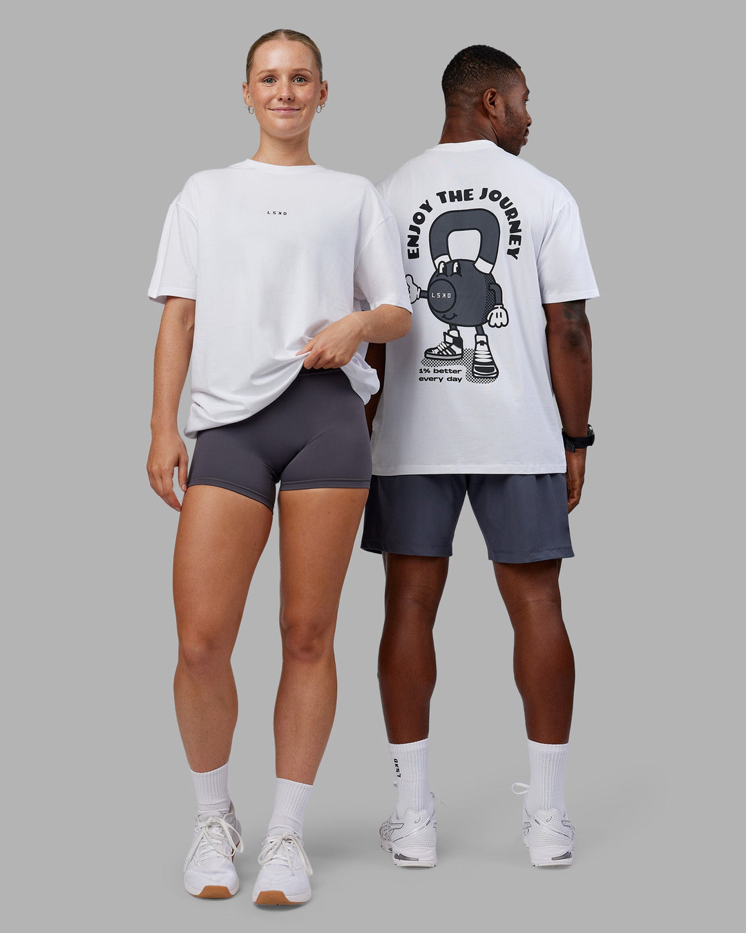 Duo wearing Kettlebell FLXCotton Oversized Tee - White-Black | Model:Both | Size:Duo