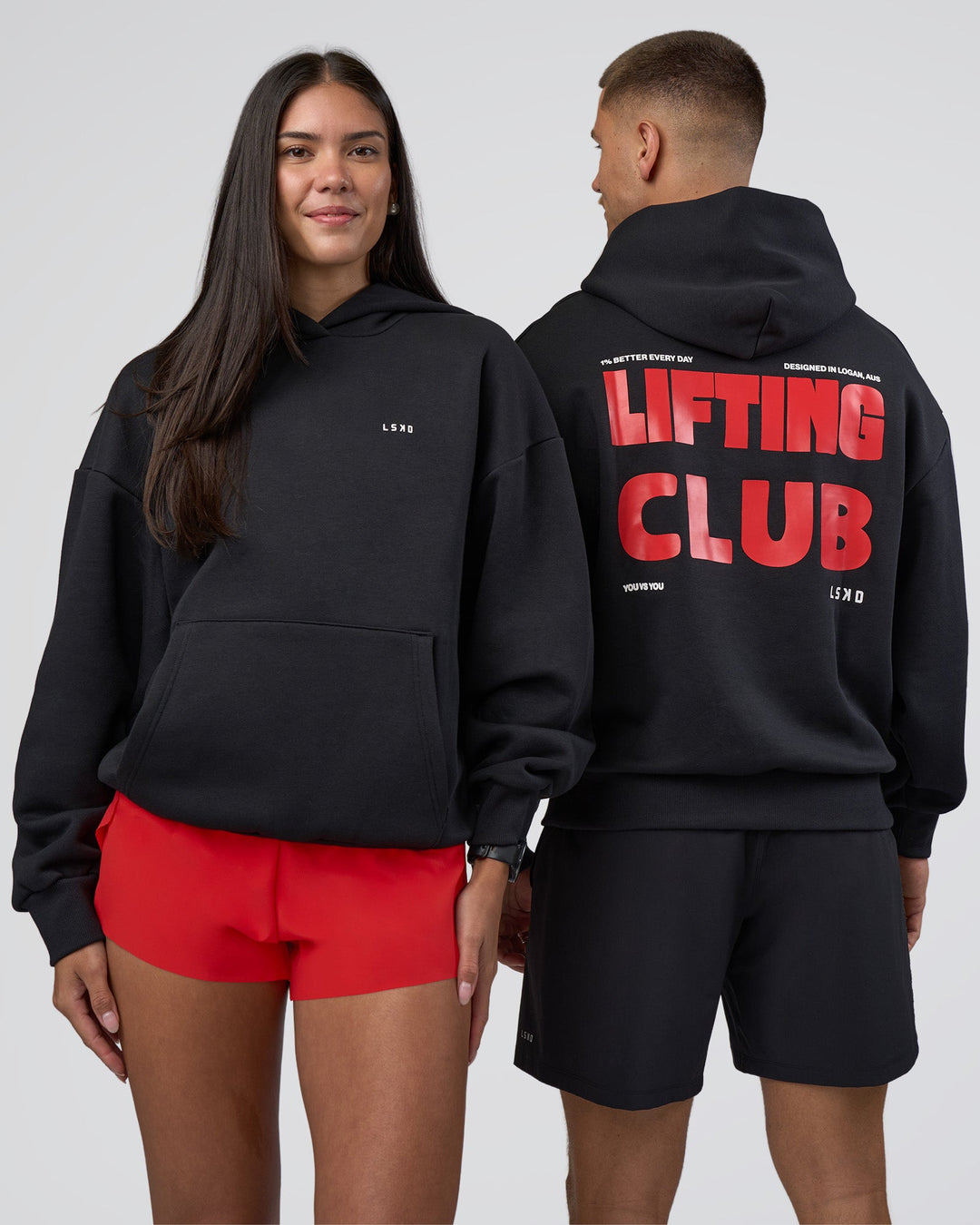 Duo wearing Lifting Unisex Oversized Hoodie - Black-Flame | Model:Both | Size:Duo