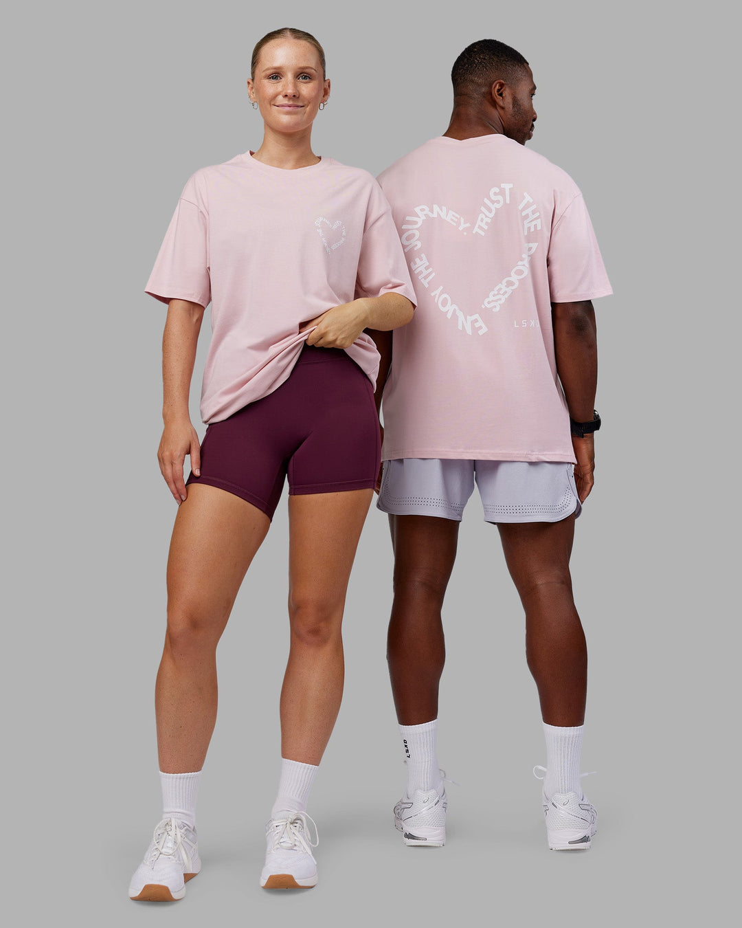 Duo wearing Love The Process FLXCotton Oversize Tee - Petal Pink-White | Model:Both | Size:Duo