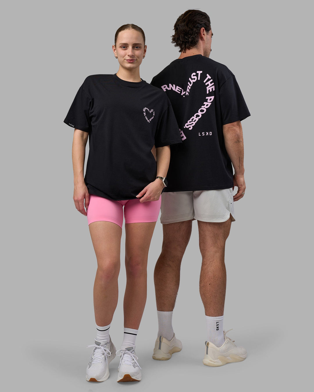 Duo wearing Love The Process FLXCotton Oversize Tee - Black-Bubblegum | Model:Both | Size:Duo