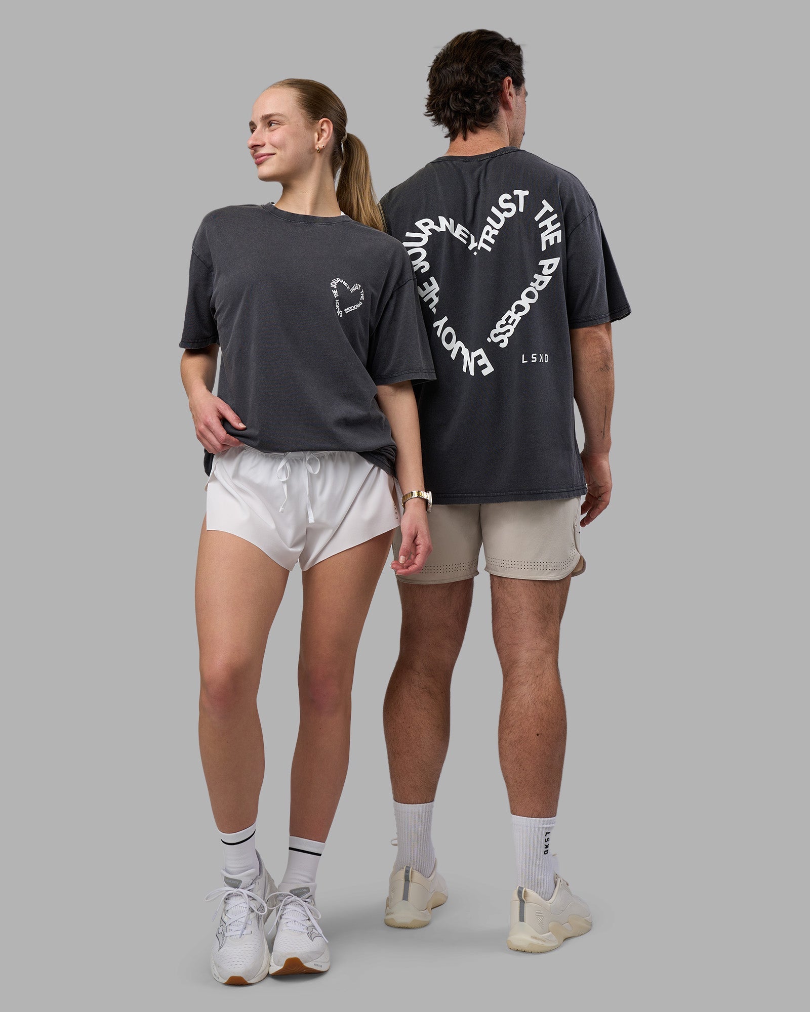 Duo wearing Love The Process FLXCotton Oversize Tee - Black Washed-White | Model:Both | Size:Duo