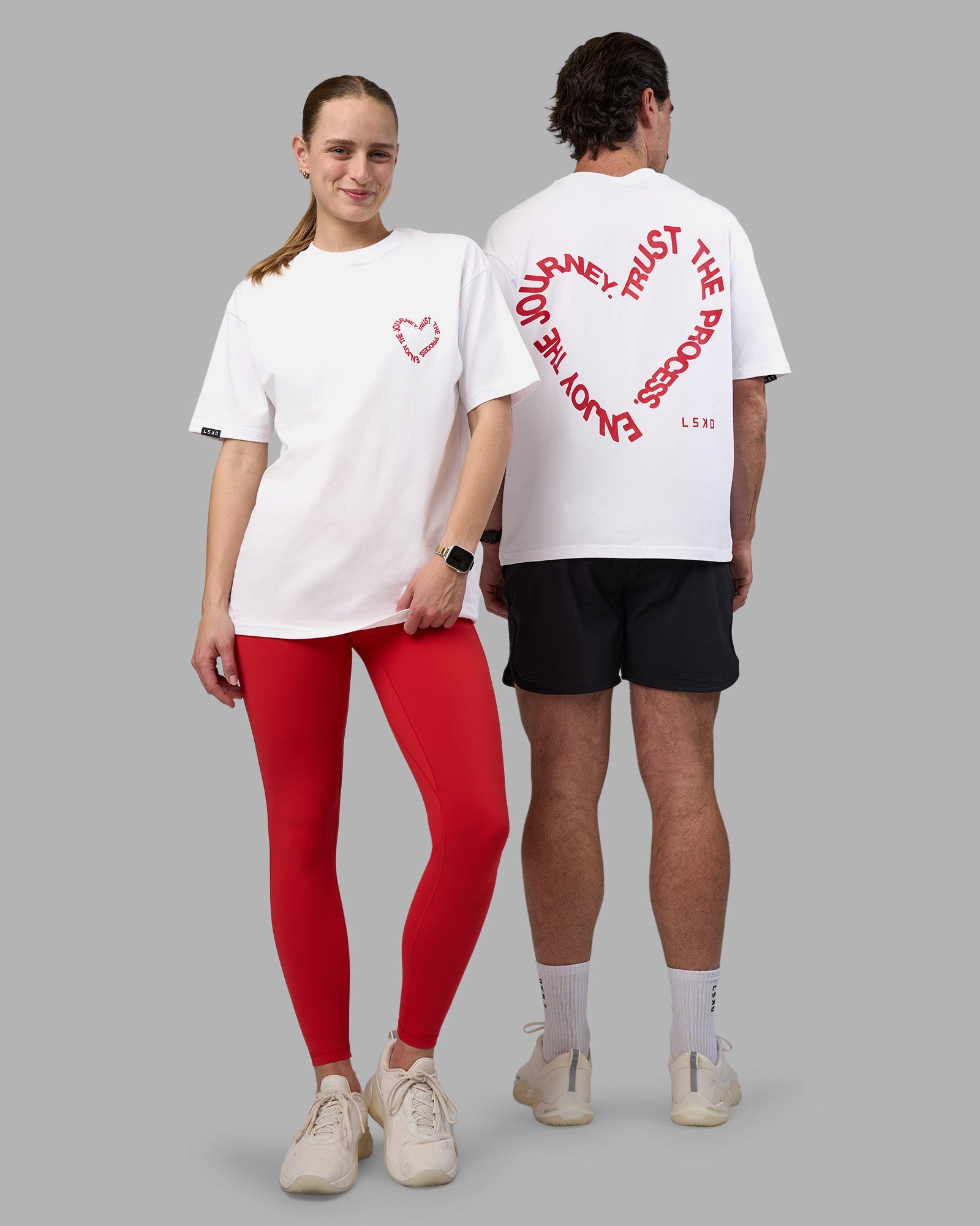 Duo wearing Love The Process FLXCotton Oversize Tee - White-Scarlet | Model:Both | Size:Duo