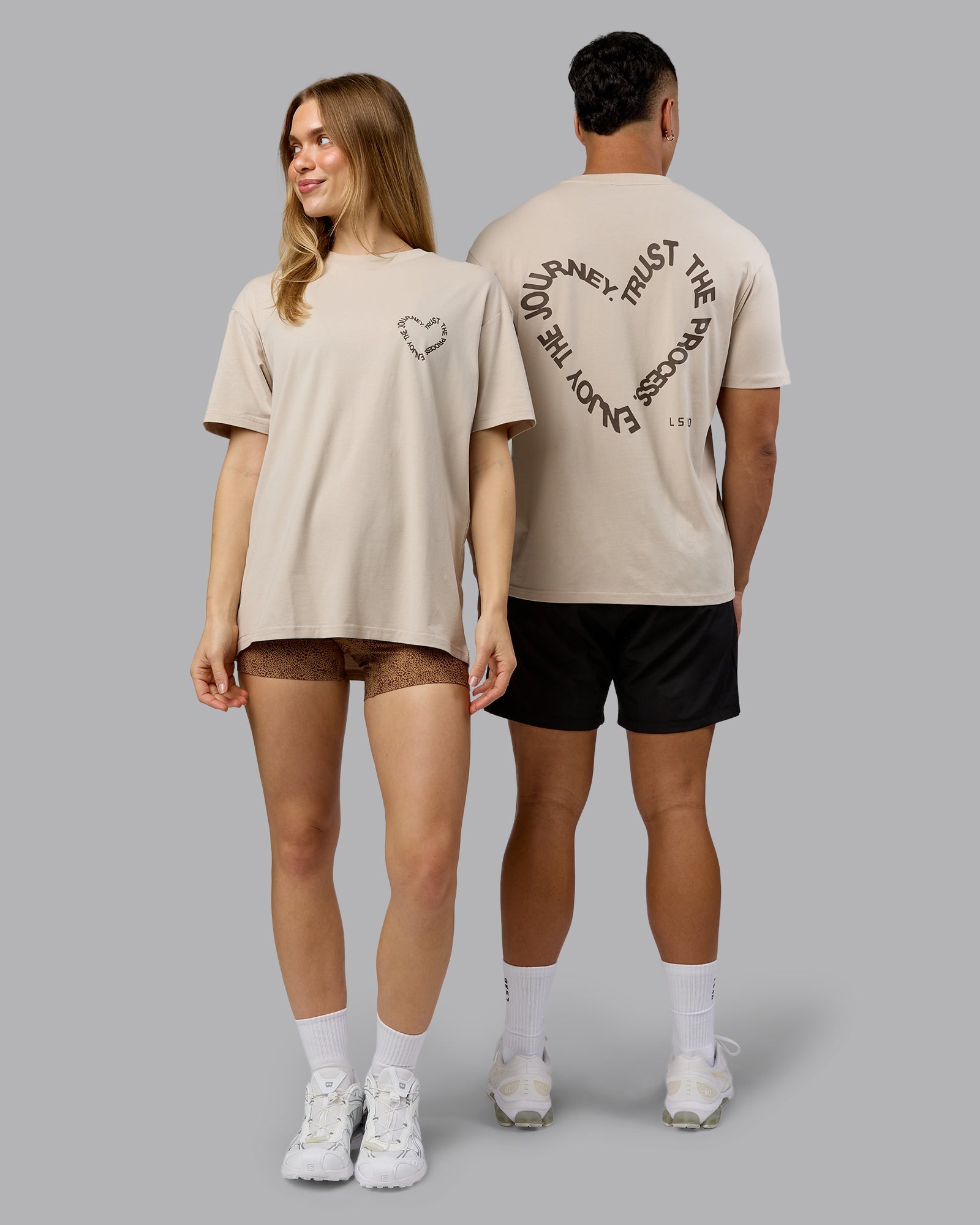Duo wearing Love The Process FLXCotton Oversize Tee - Shale Beige-Choc | Model:Both | Size:Duo