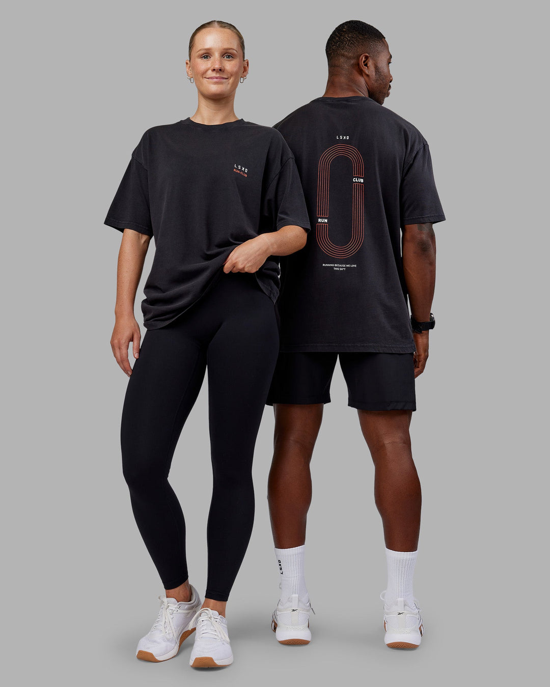 Duo wearing Love this S**t Washed Heavyweight Oversized Tee - Washed Black-Ultra Orange | Model:Both | Size:Duo