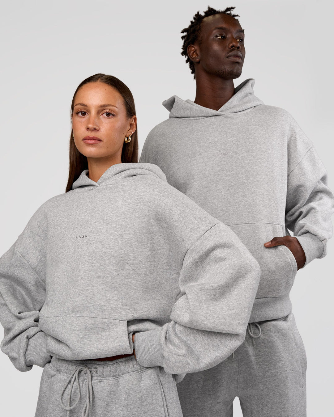 Duo wearing MVP Oversized Hoodie - Light Grey Marl | Model:Both | Size:Duo