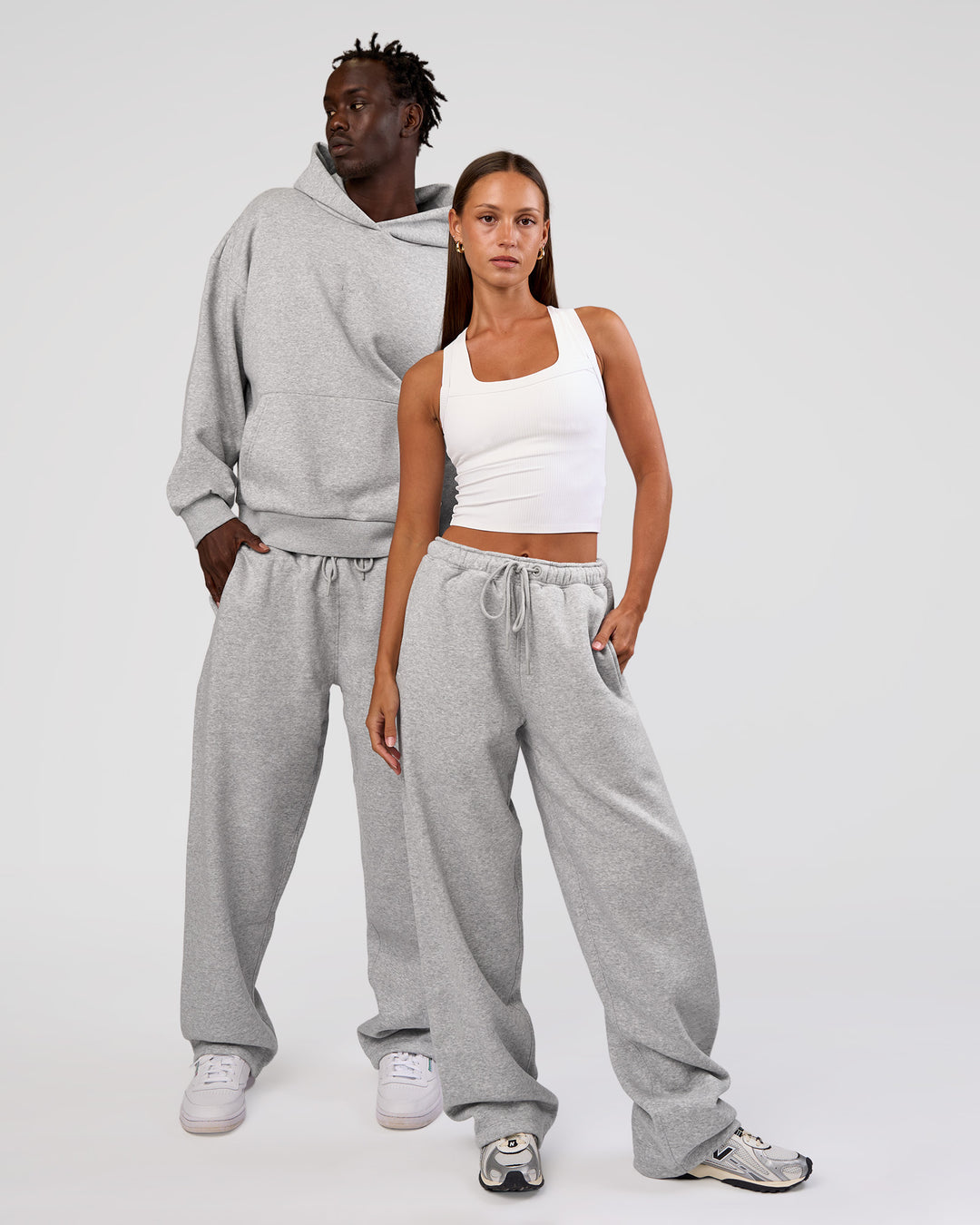 Duo wearing MVP Straight Leg Pant - Light Grey Marl | Model:Both | Size:Duo