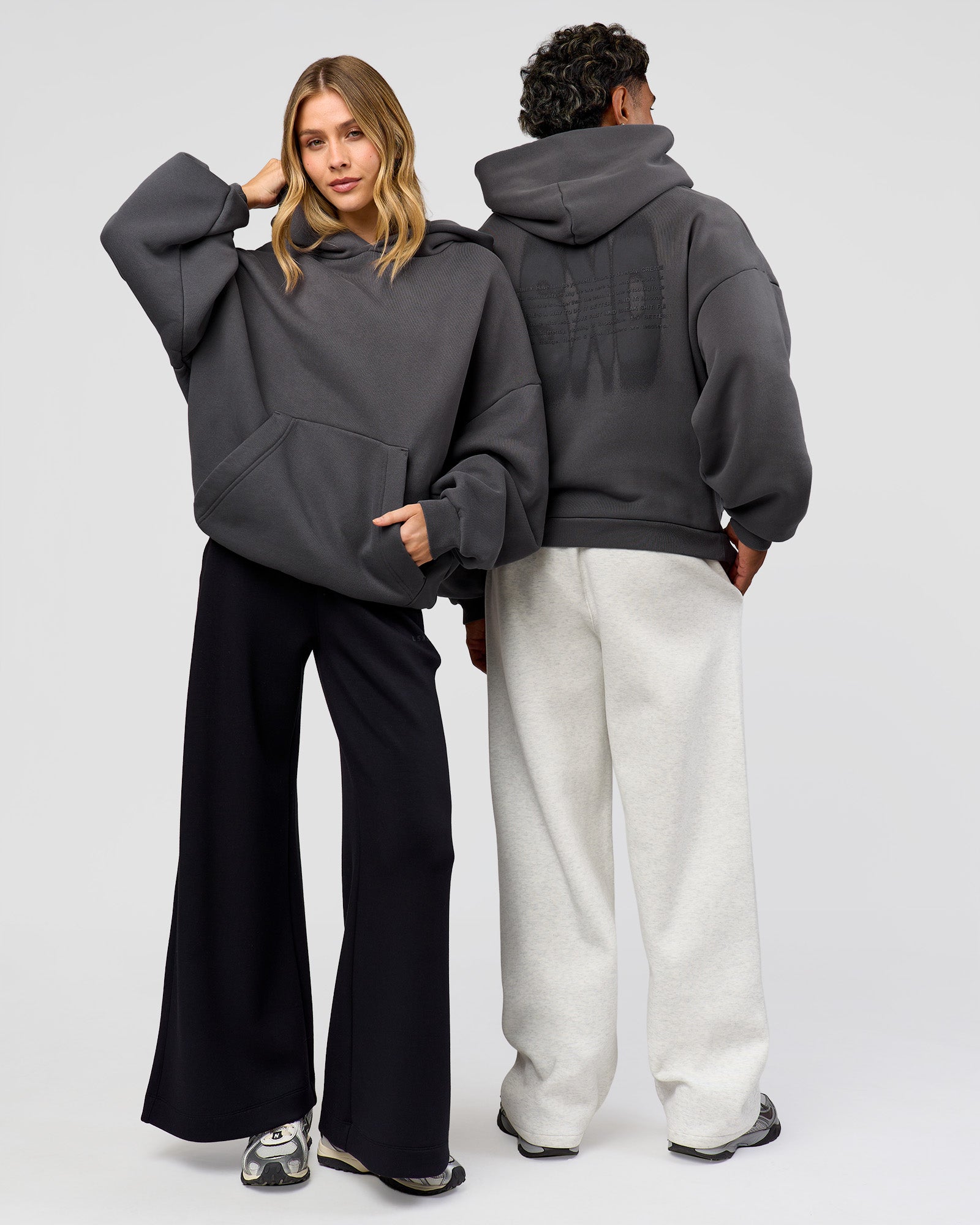 Duo wearing Memory In Motion Ultra Heavyweight Washed Hoodie - Dark Storm Washed | Model:Both | Size:Duo