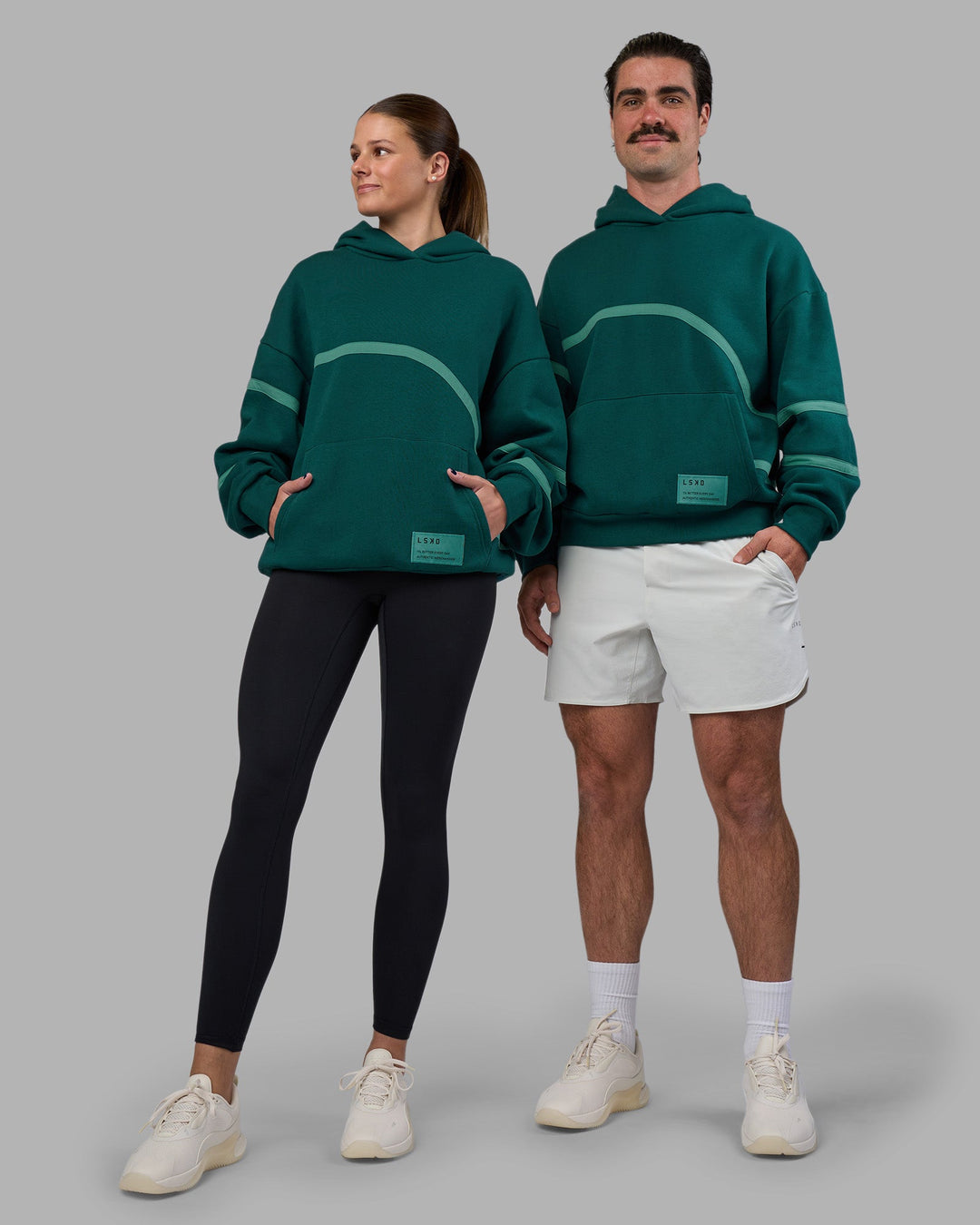 Duo wearing Movement Oversized Hoodie - Dark Moss-Agate Green | Model:Both | Size:Duo