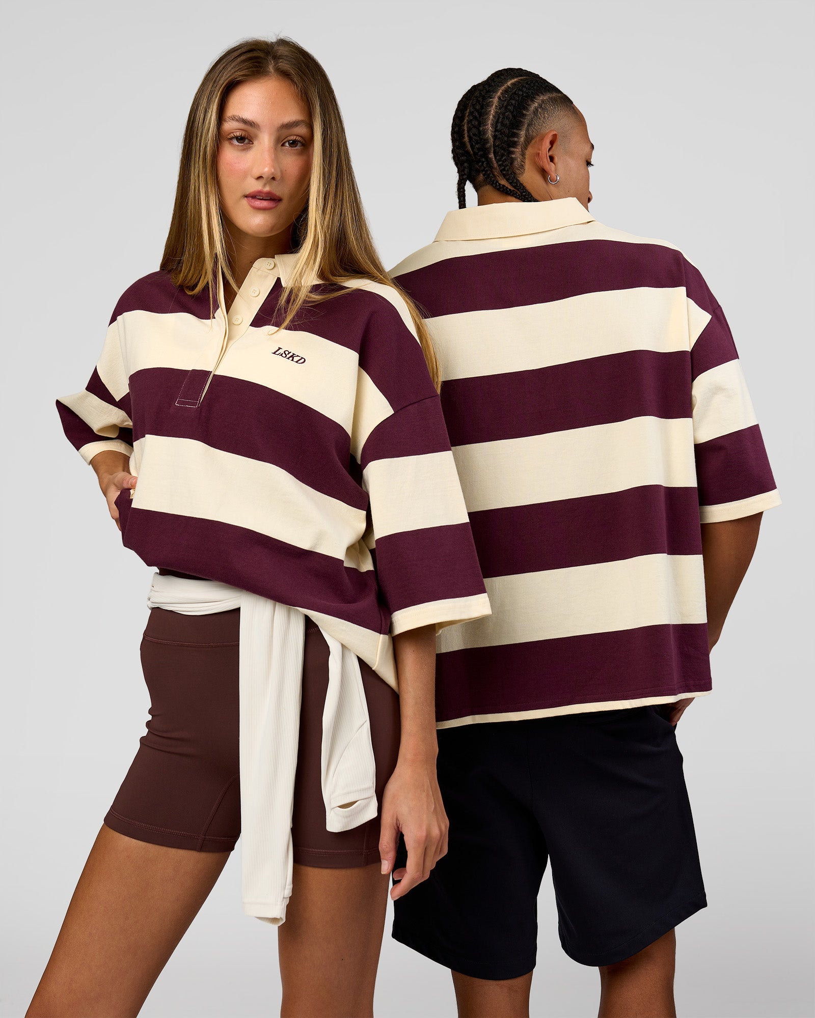 Duo wearing Oversized Rugby Polo - Off White-Cherry| Model:Both | Size:Duo