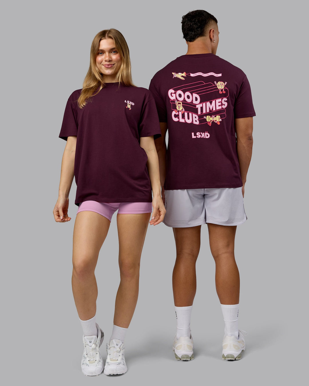 Duo wearing Perspective FLXCotton Oversized Tee - Cherry Lacquer-Soft Pink | Model:Both | Size:Duo