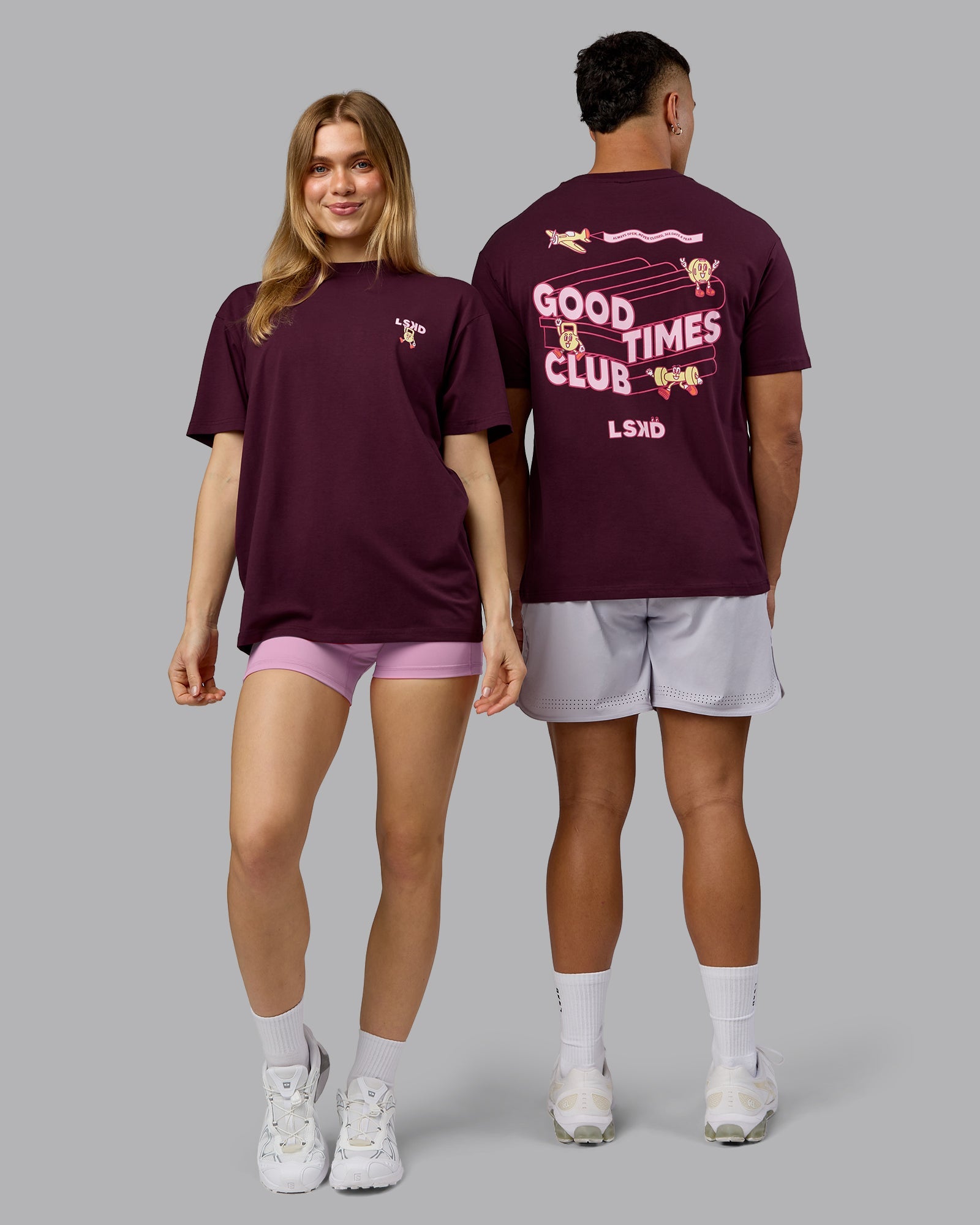 Duo wearing Perspective FLXCotton Oversized Tee - Cherry Lacquer-Soft Pink | Model:Both | Size:Duo