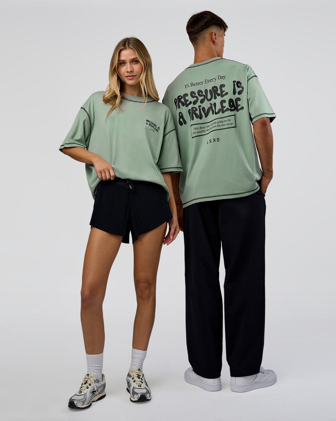 Duo wearing Pressure is Privilege Oversized Tee - Iceberg Green-Black | Model:Both | Size:Duo