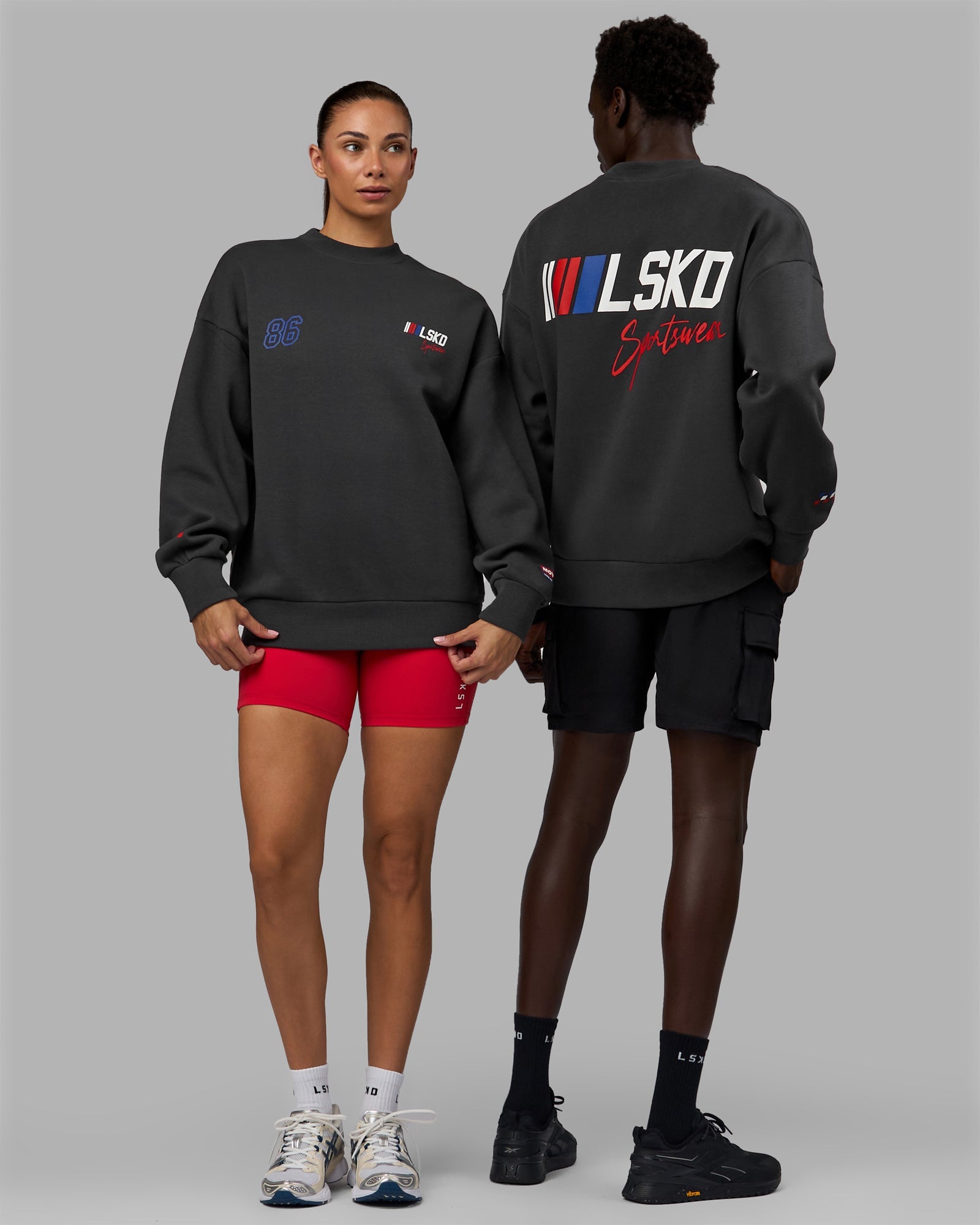 Duo wearing Unisex Redline Sweater Oversize - Phantom-White