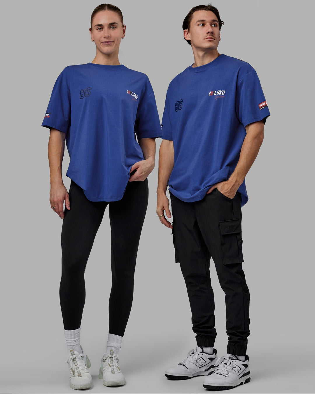 Duo wearing Unisex Redline FLXCotton Tee Oversize - Power Cobalt-White