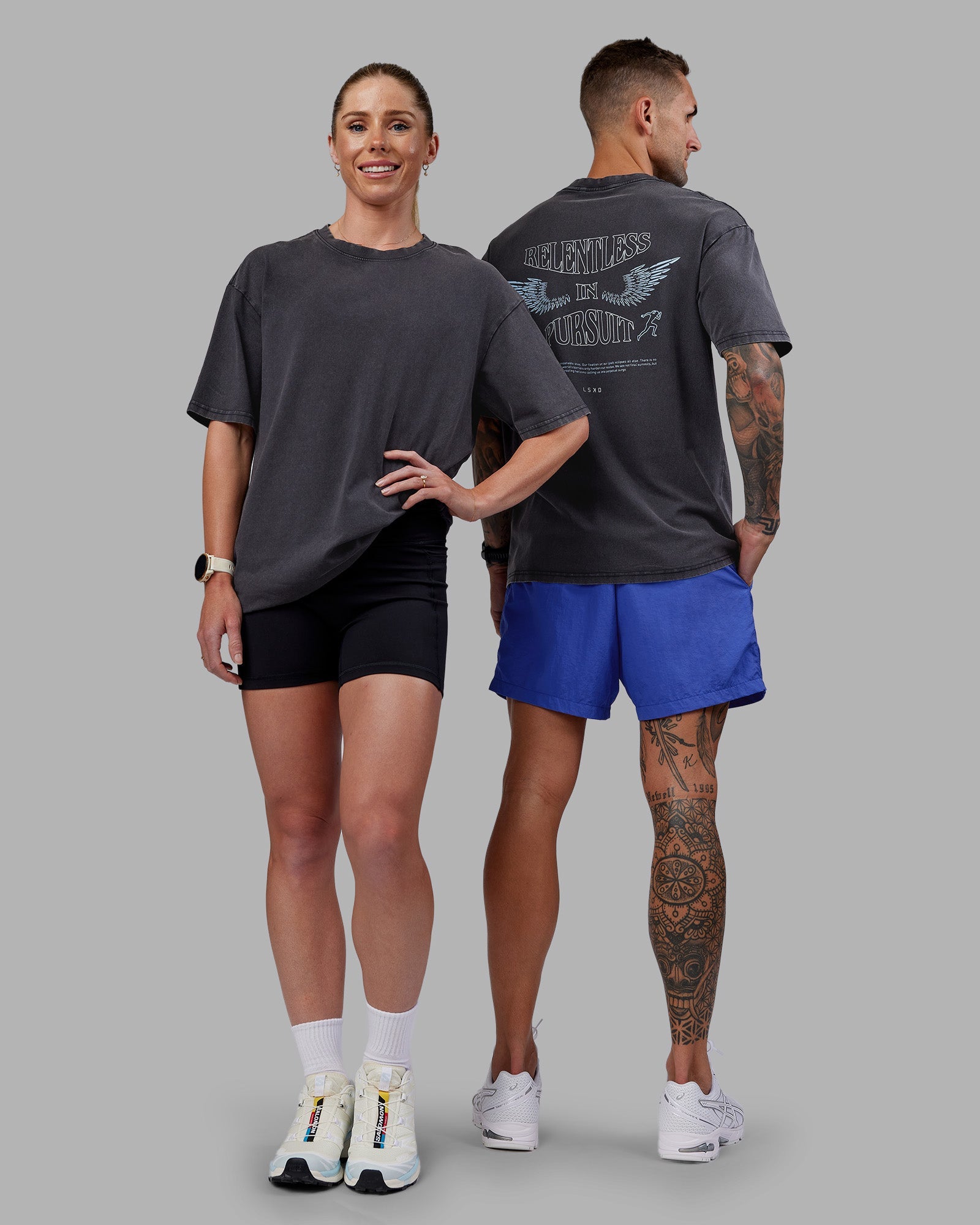Duo wearing Relentless Washed FLXCotton Oversized Tee - Black-Ultimate Grey | Model:Both | Size:Duo
